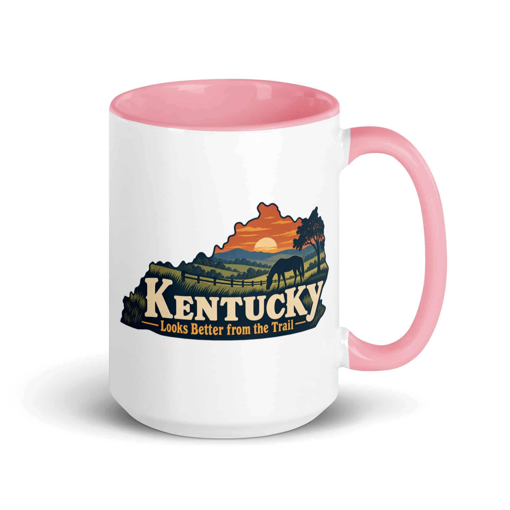 Kentucky Color Inside Coffee Mug: Rolling pasture and horse silhouette, Colorful Kentucky Silhouette