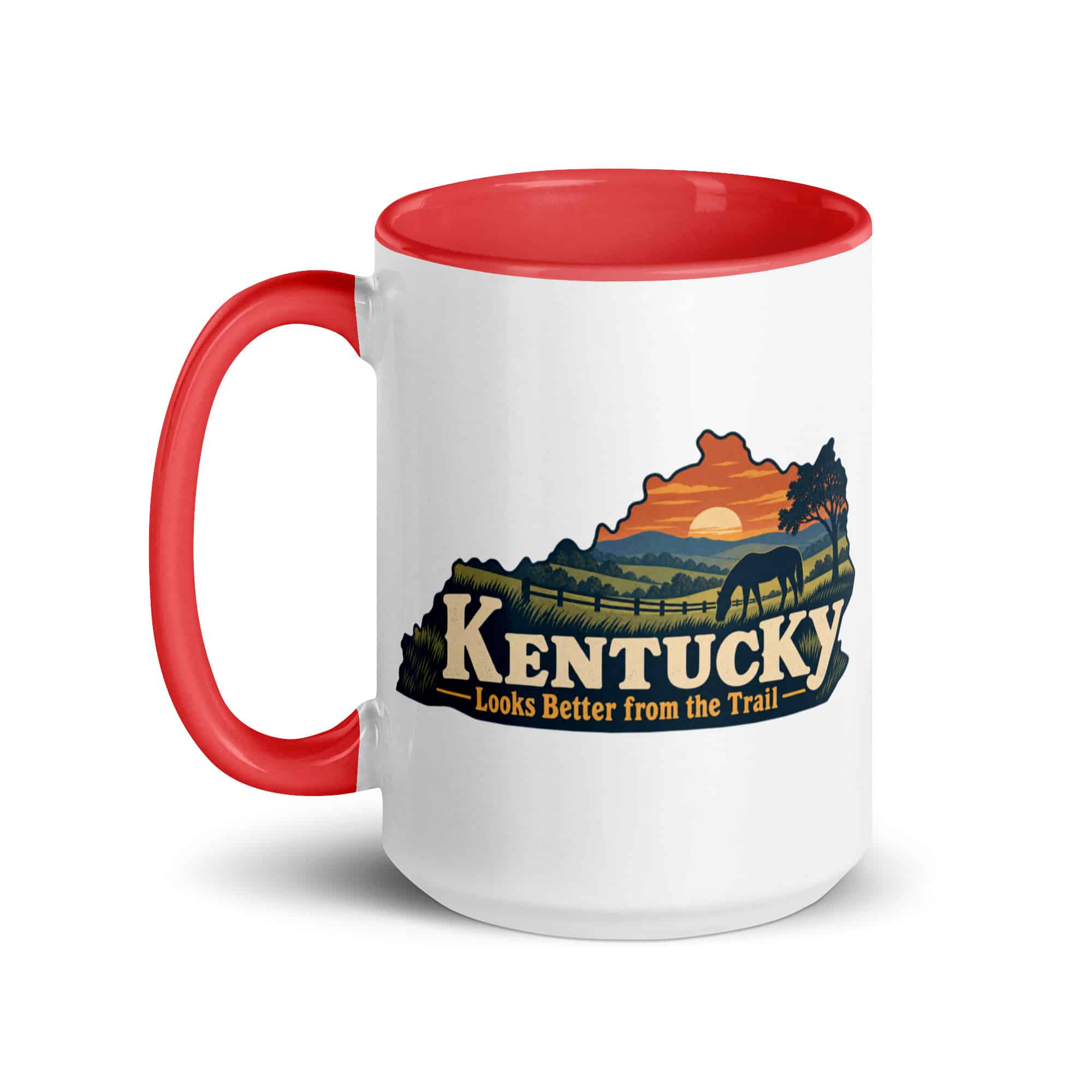 Kentucky Color Inside Coffee Mug: Rolling pasture and horse silhouette, Colorful Kentucky Silhouette