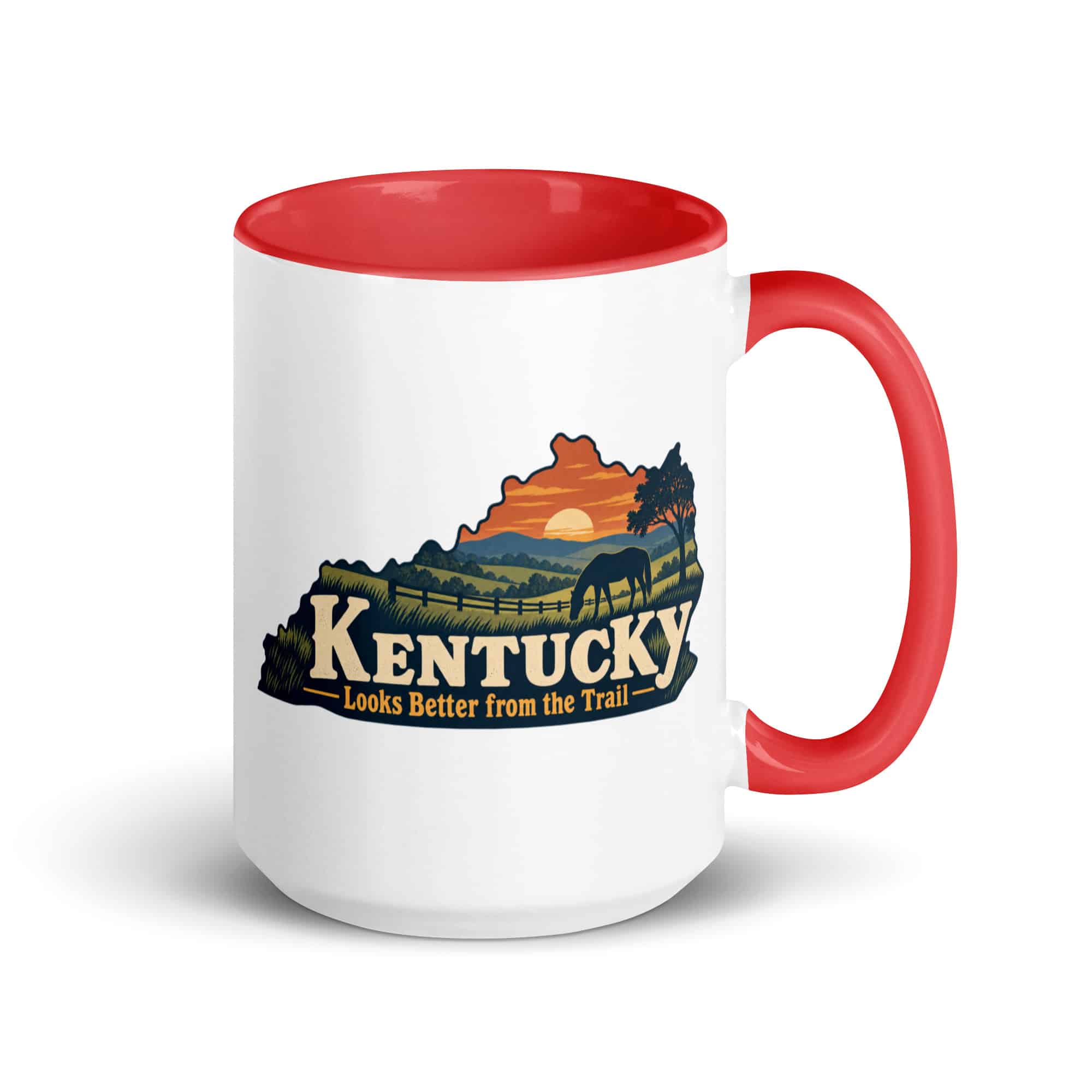 Kentucky Color Inside Coffee Mug: Rolling pasture and horse silhouette, Colorful Kentucky Silhouette