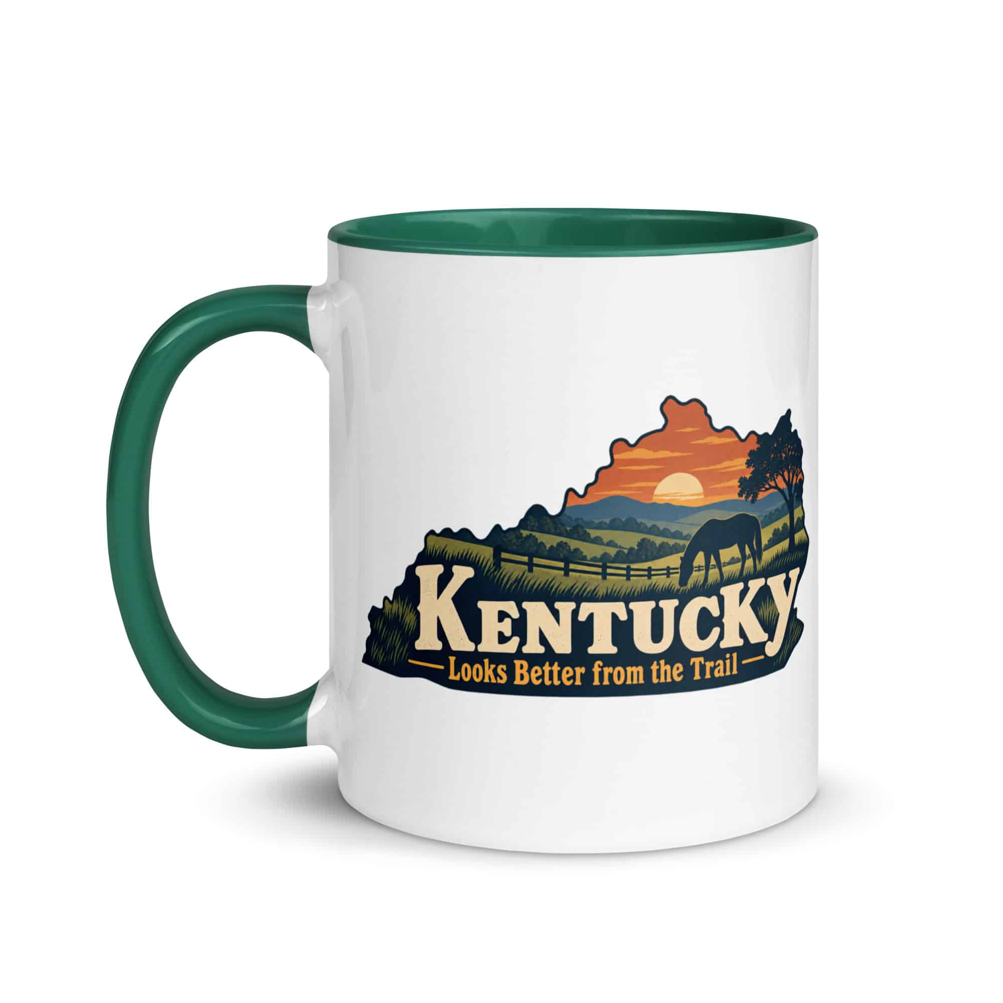 Kentucky Color Inside Coffee Mug: Rolling pasture and horse silhouette, Colorful Kentucky Silhouette