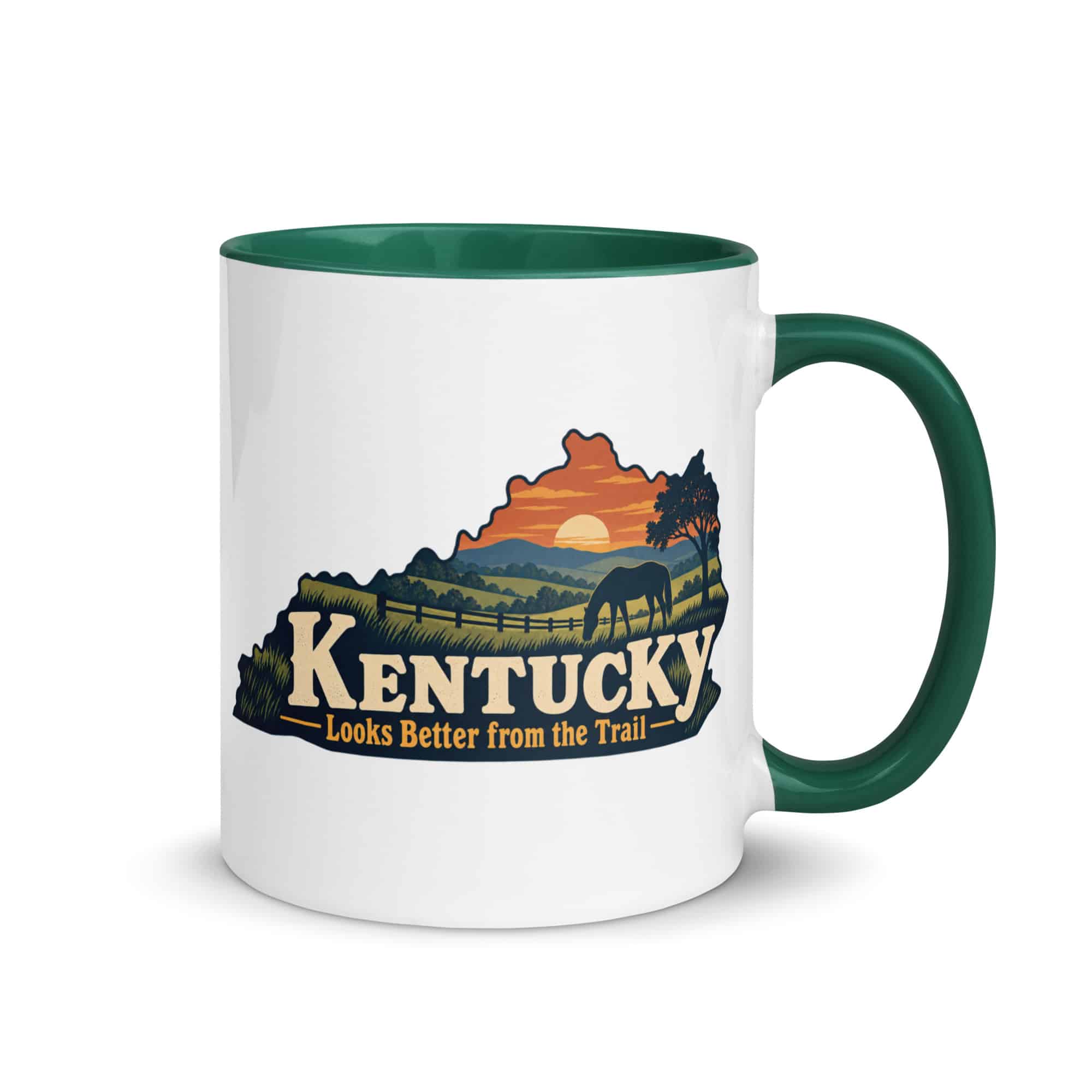 Kentucky Color Inside Coffee Mug: Rolling pasture and horse silhouette, Colorful Kentucky Silhouette