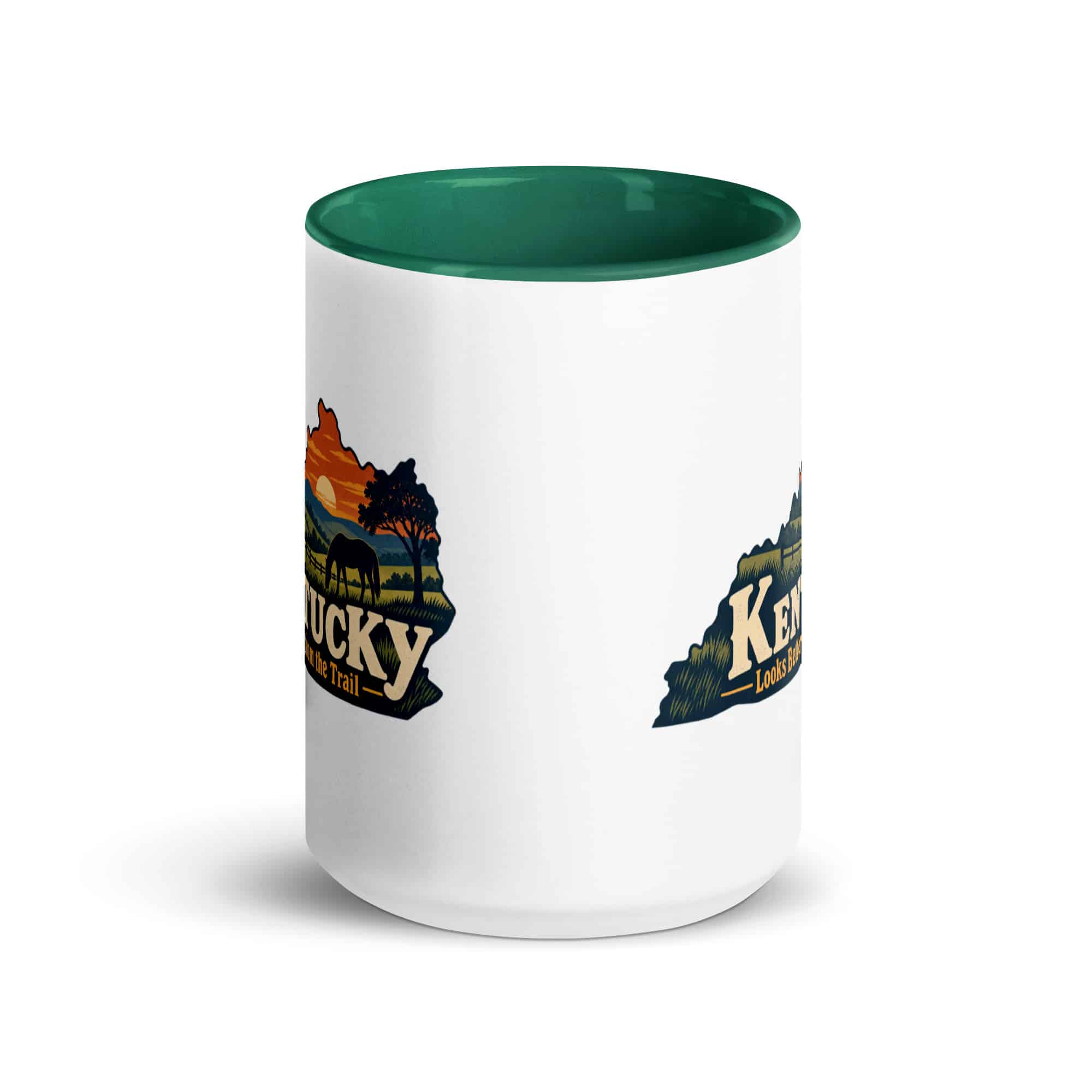 Kentucky Color Inside Coffee Mug: Rolling pasture and horse silhouette, Colorful Kentucky Silhouette