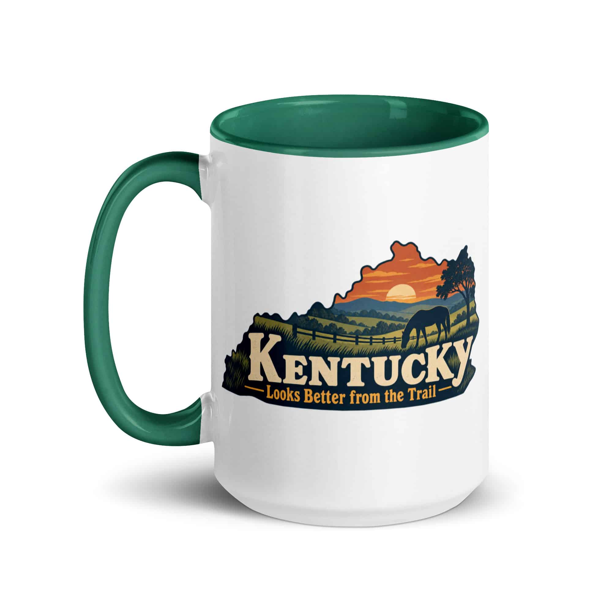 Kentucky Color Inside Coffee Mug: Rolling pasture and horse silhouette, Colorful Kentucky Silhouette