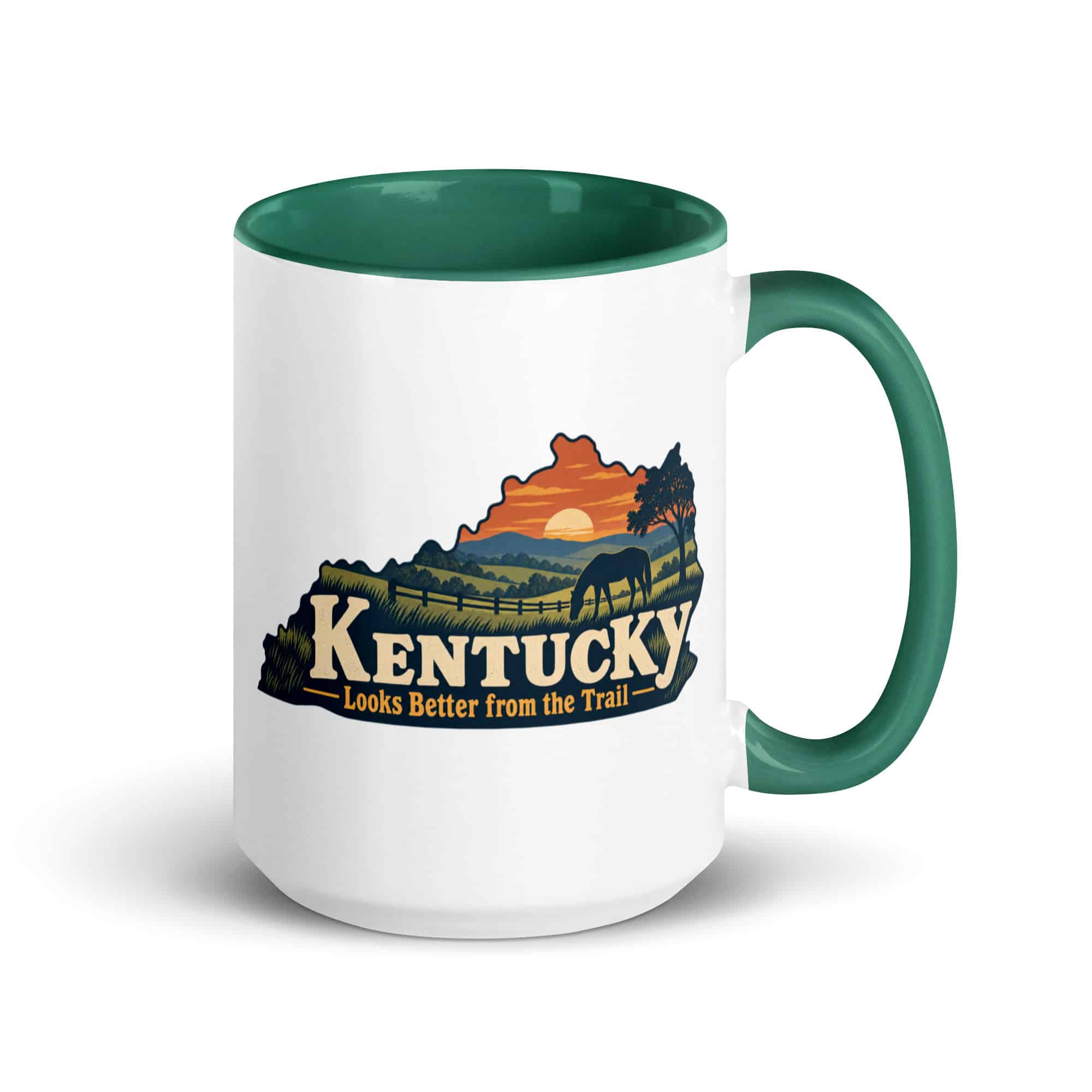 Kentucky Color Inside Coffee Mug: Rolling pasture and horse silhouette, Colorful Kentucky Silhouette