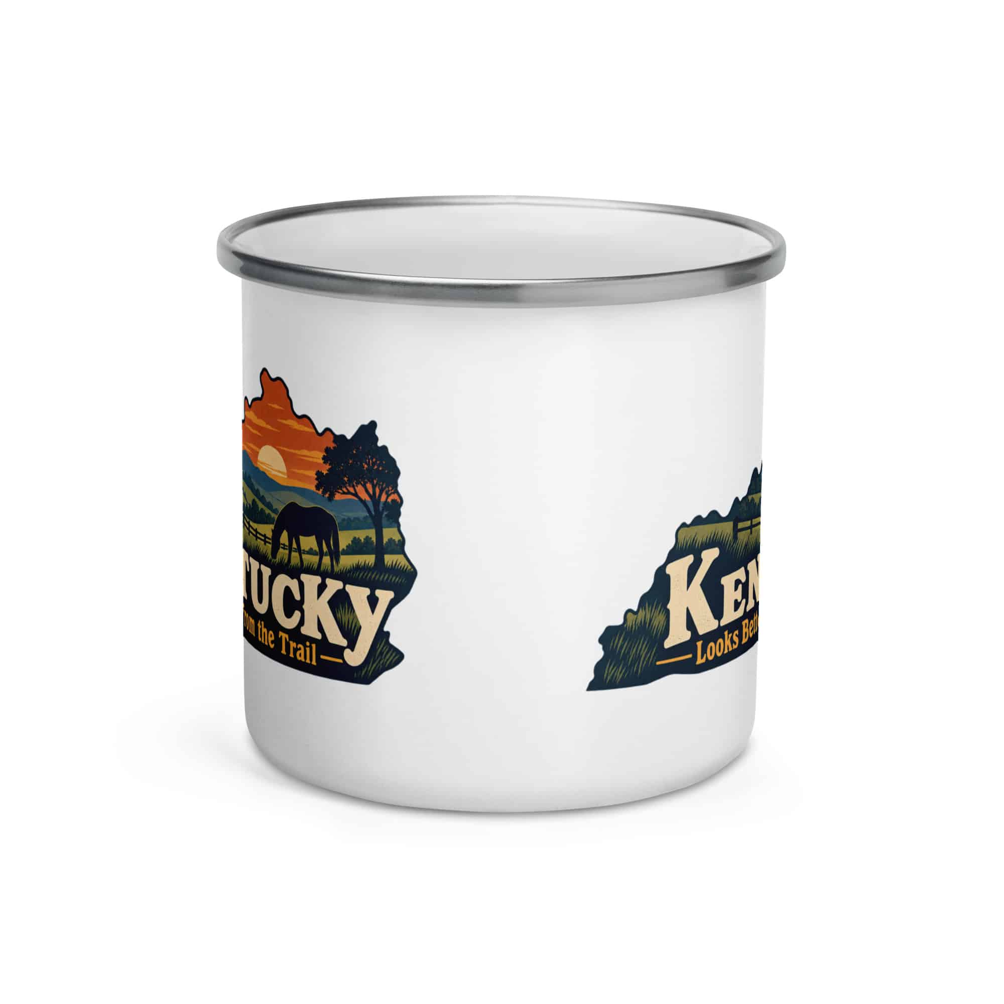 Kentucky Enamel Camp Mug: Rolling pasture and horse silhouette, Colorful Kentucky Silhouette