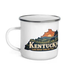 Kentucky Enamel Camp Mug: Rolling pasture and horse silhouette, Colorful Kentucky Silhouette - 12 oz - Left