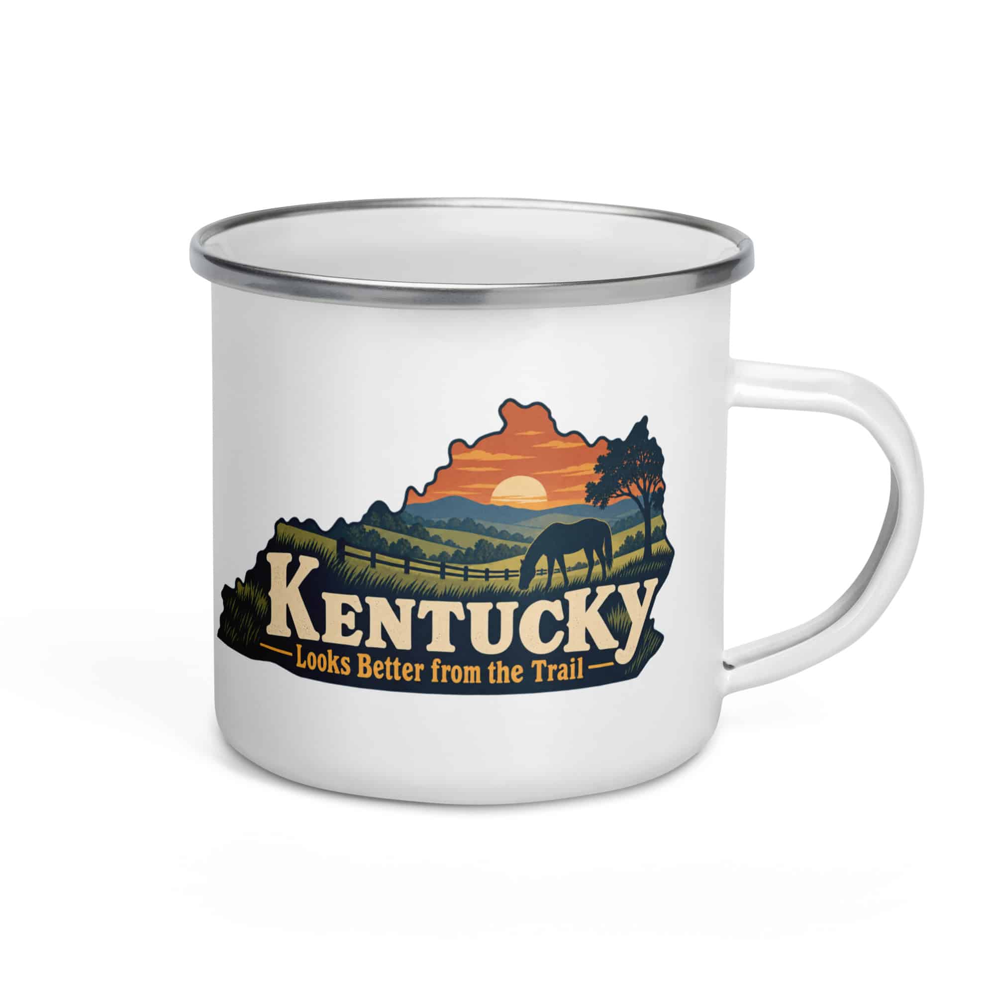 Kentucky Enamel Camp Mug: Rolling pasture and horse silhouette, Colorful Kentucky Silhouette