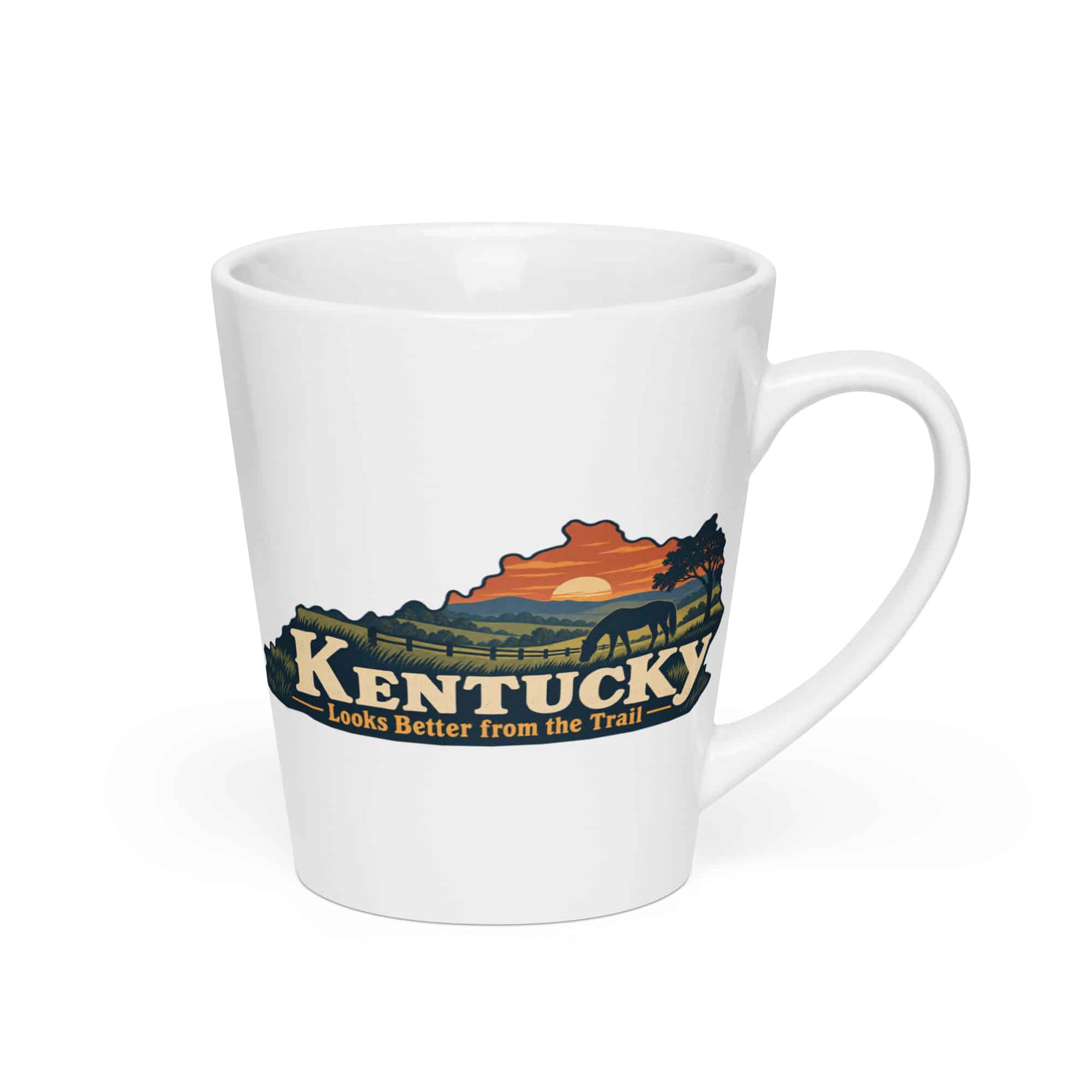 Kentucky Latte Mug: Rolling pasture and horse silhouette, Colorful Kentucky Silhouette