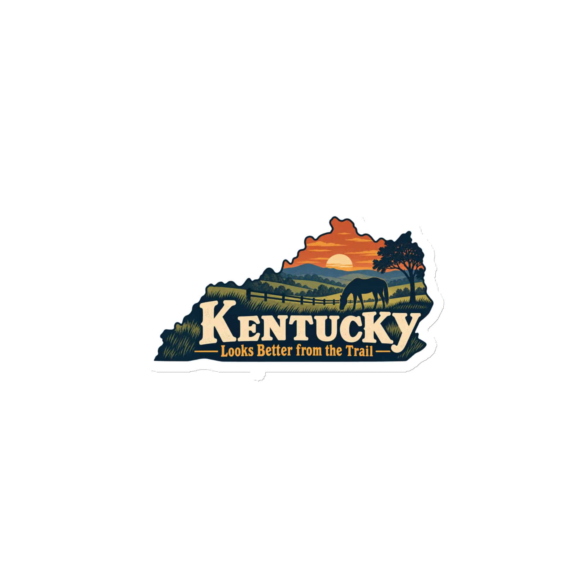 Kentucky Die-Cut Magnet: Rolling pasture and horse silhouette, Colorful Kentucky Silhouette