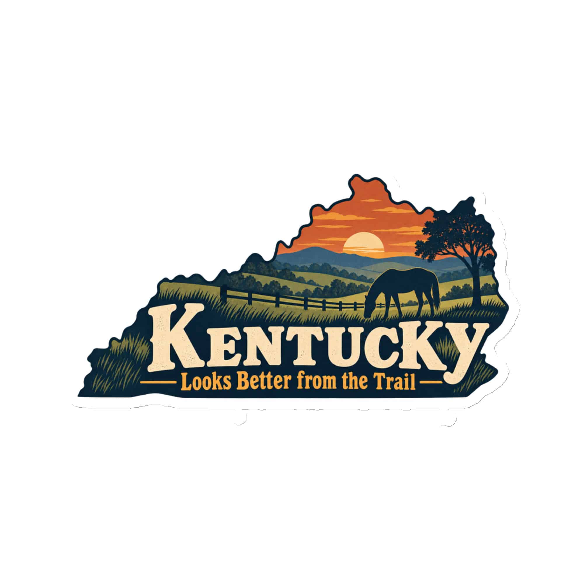 Kentucky Die-Cut Magnet: Rolling pasture and horse silhouette, Colorful Kentucky Silhouette