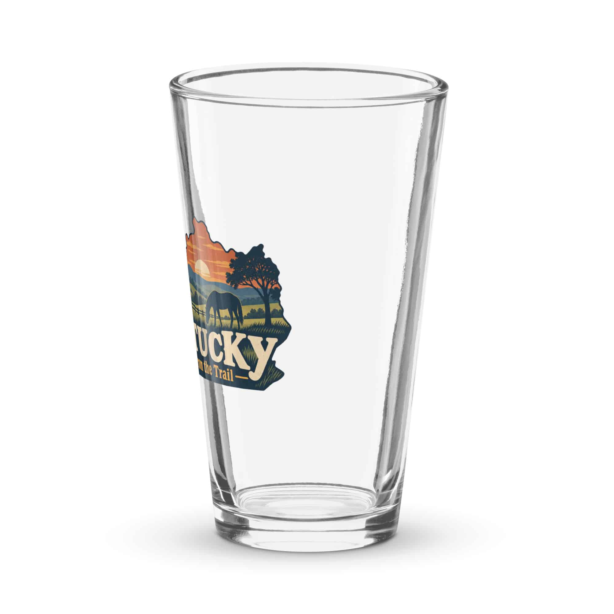 Kentucky Pint Glass: Rolling pasture and horse silhouette, Colorful Kentucky Silhouette