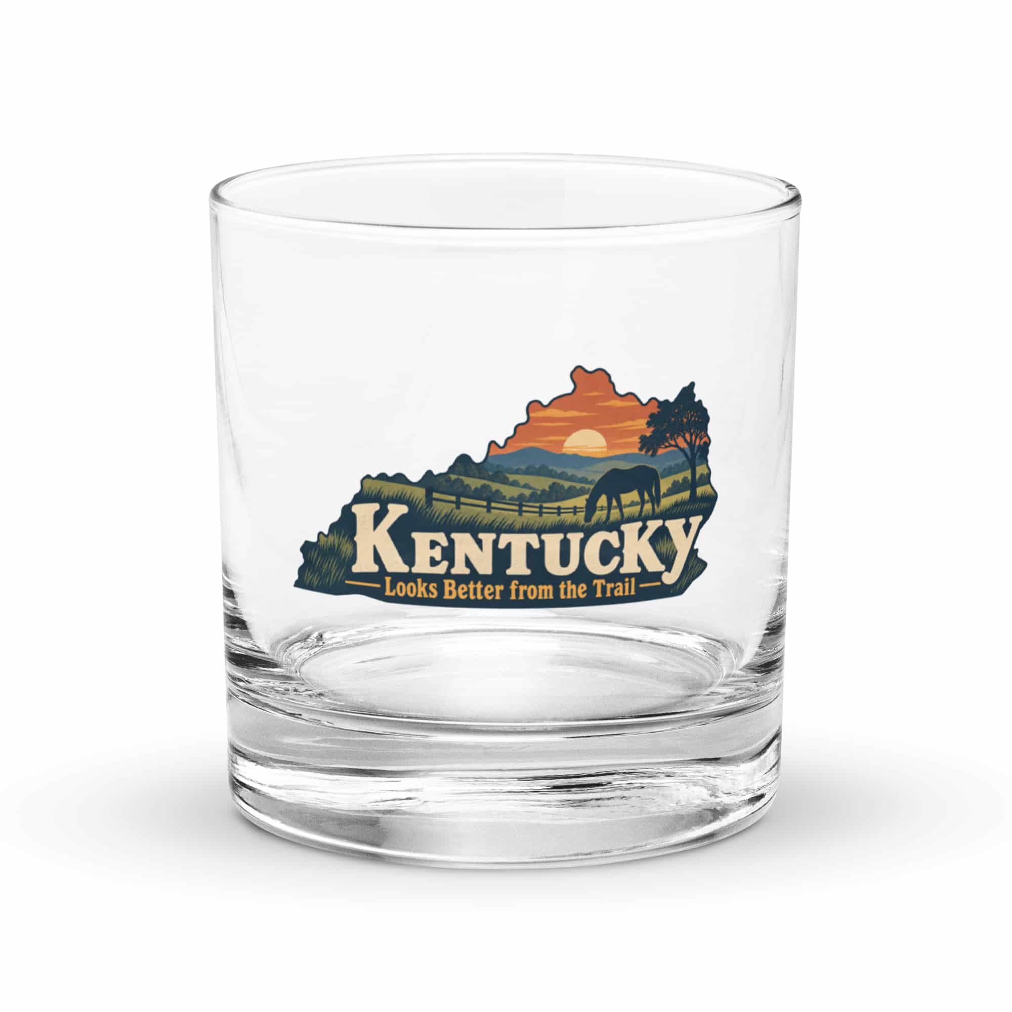 Kentucky Rocks Glass: Rolling pasture and horse silhouette, Colorful Kentucky Silhouette