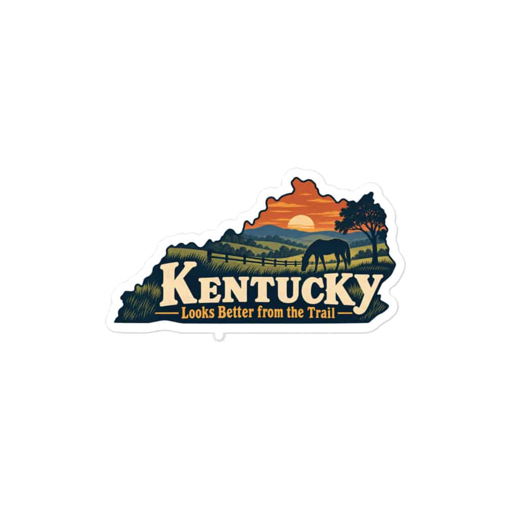 Kentucky Vinyl Sticker: Rolling pasture and horse silhouette, Colorful Kentucky Silhouette