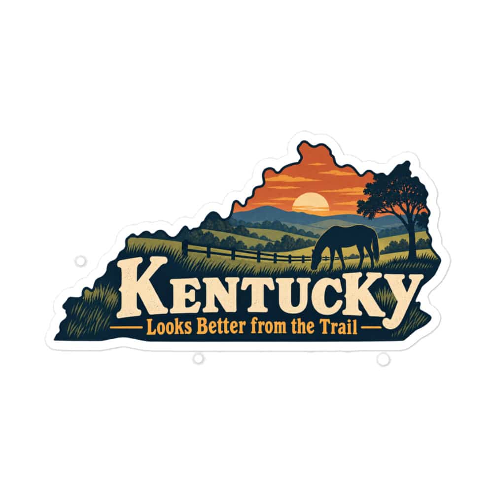 Kentucky Vinyl Sticker: Rolling pasture and horse silhouette, Colorful Kentucky Silhouette