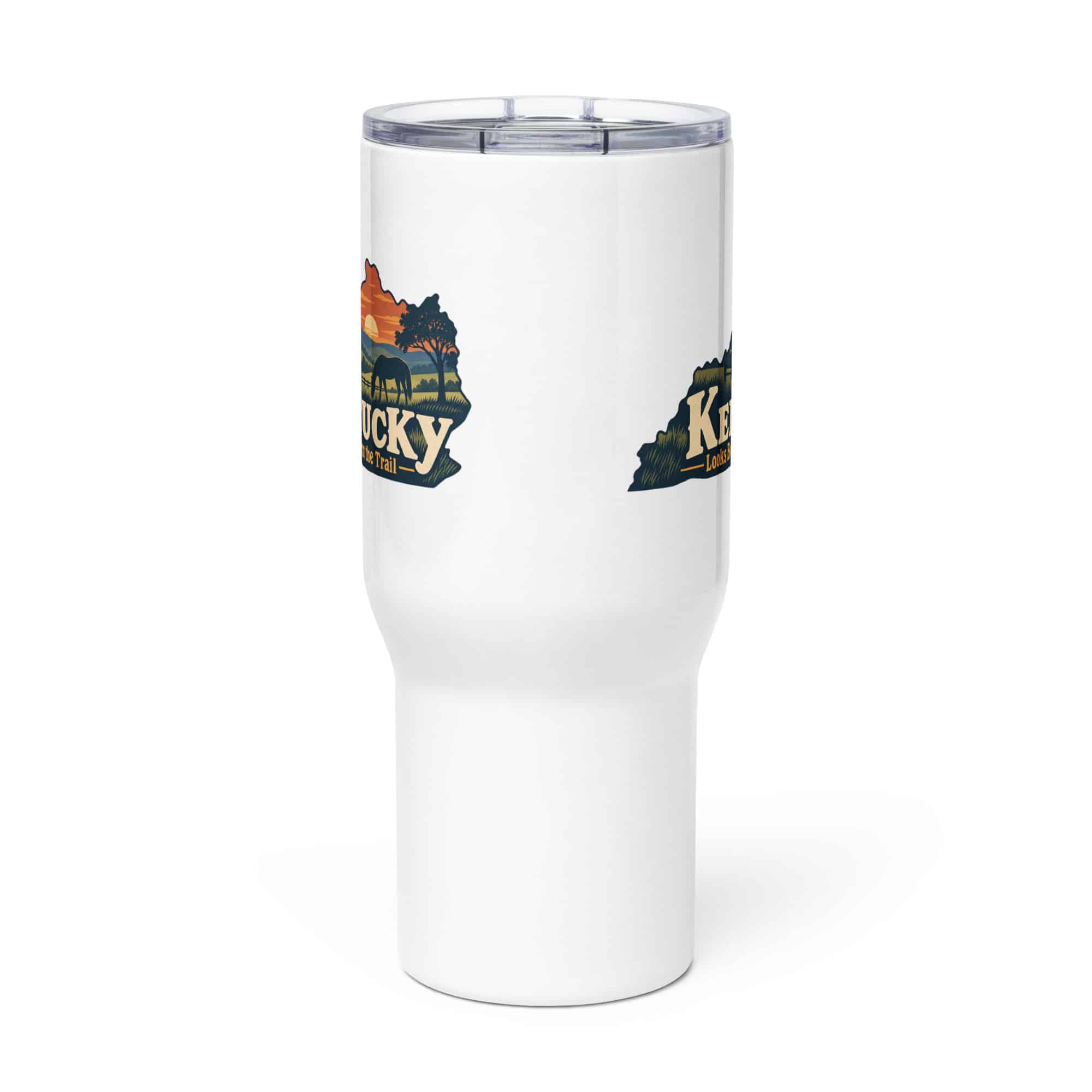 Kentucky Travel Mug: Rolling pasture and horse silhouette, Colorful Kentucky Silhouette