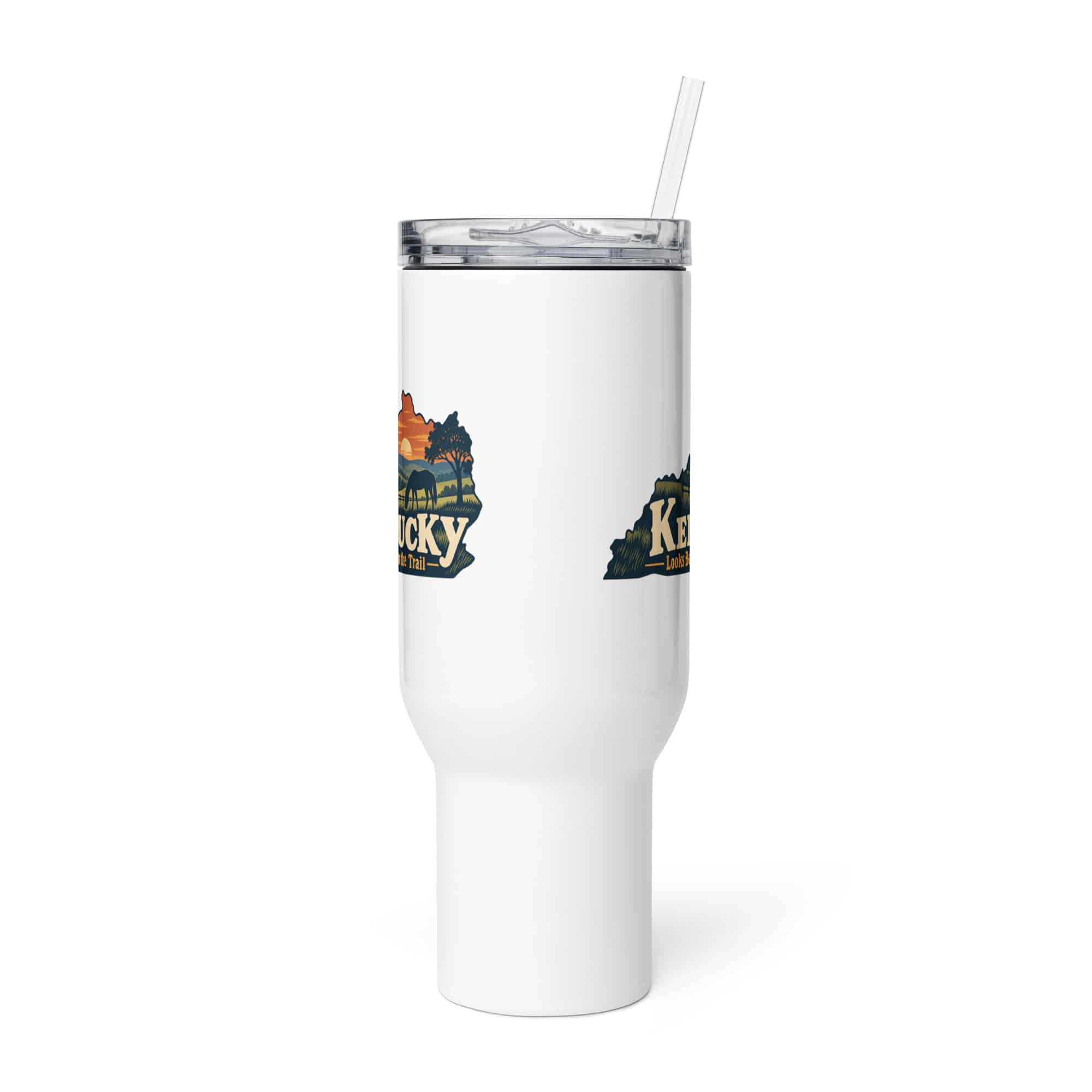 Kentucky Travel Mug: Rolling pasture and horse silhouette, Colorful Kentucky Silhouette