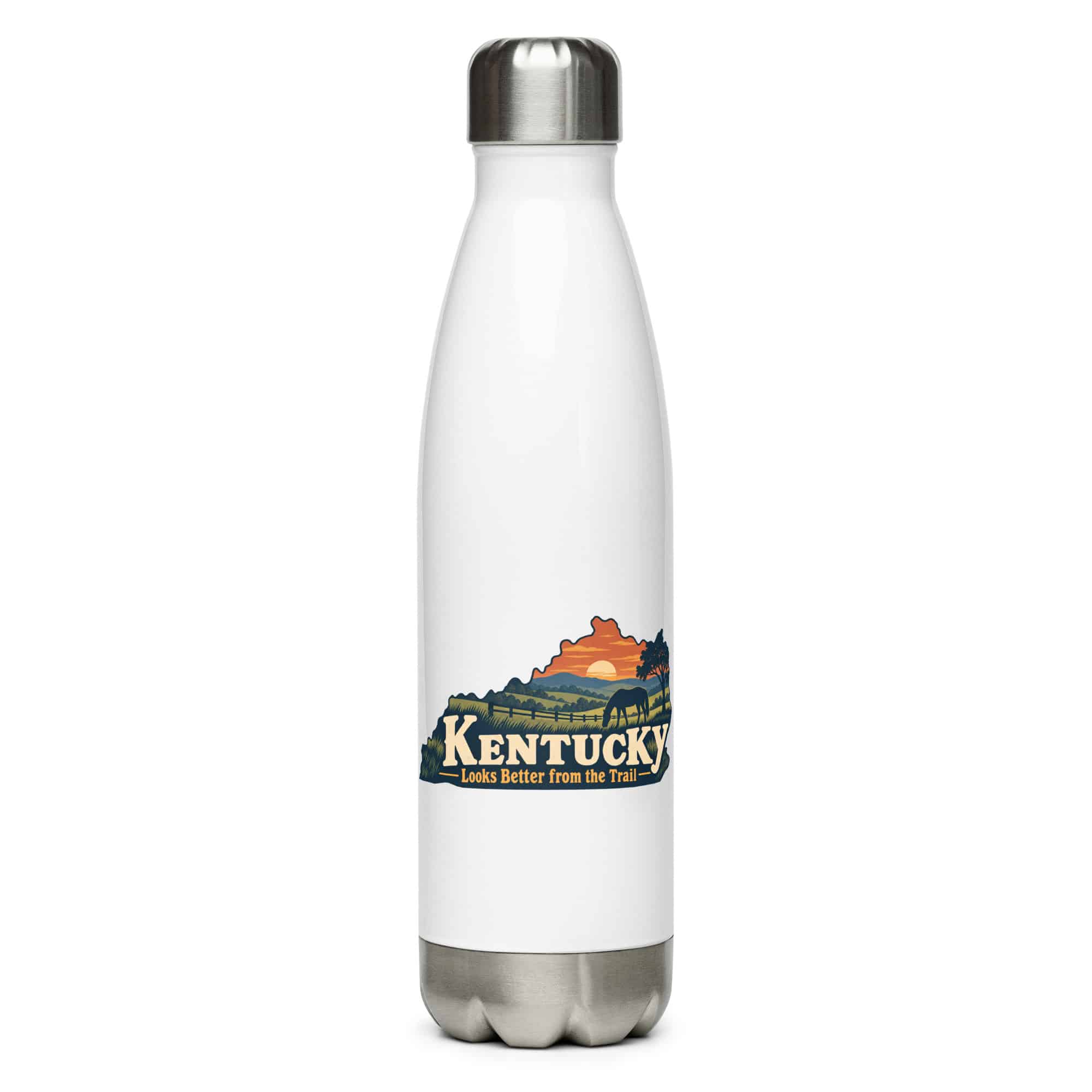 Kentucky Stainless Steel Water Bottle: Rolling pasture and horse silhouette, Colorful Kentucky Silhouette