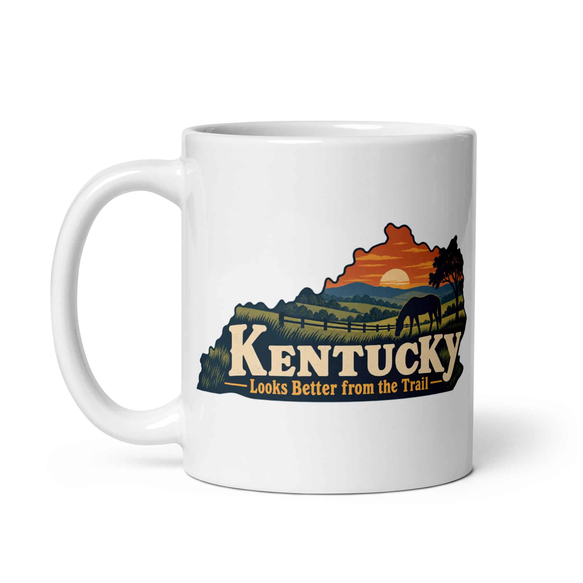 Kentucky White Ceramic Coffee Mug: Rolling pasture and horse silhouette, Colorful Kentucky Silhouette
