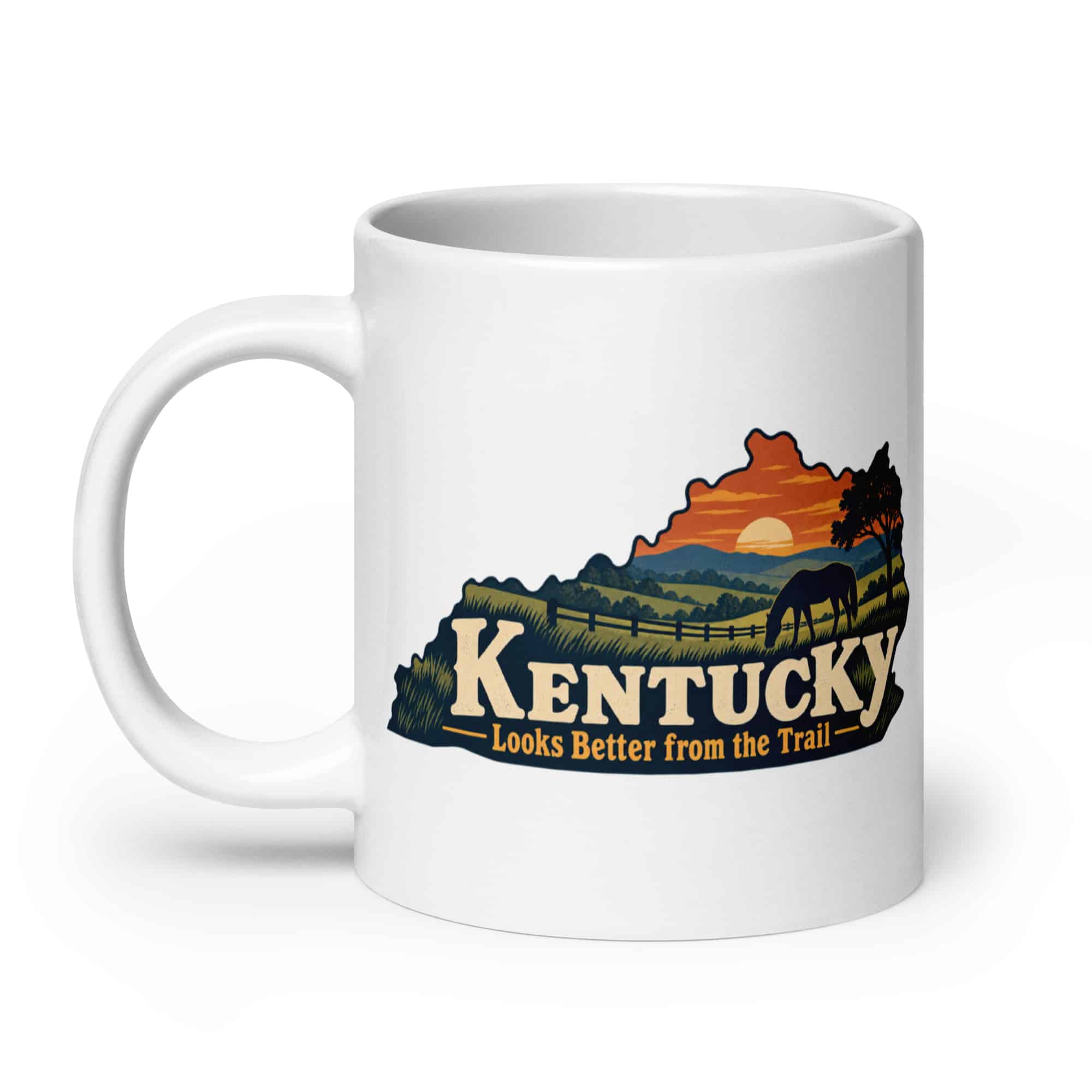 Kentucky White Ceramic Coffee Mug: Rolling pasture and horse silhouette, Colorful Kentucky Silhouette