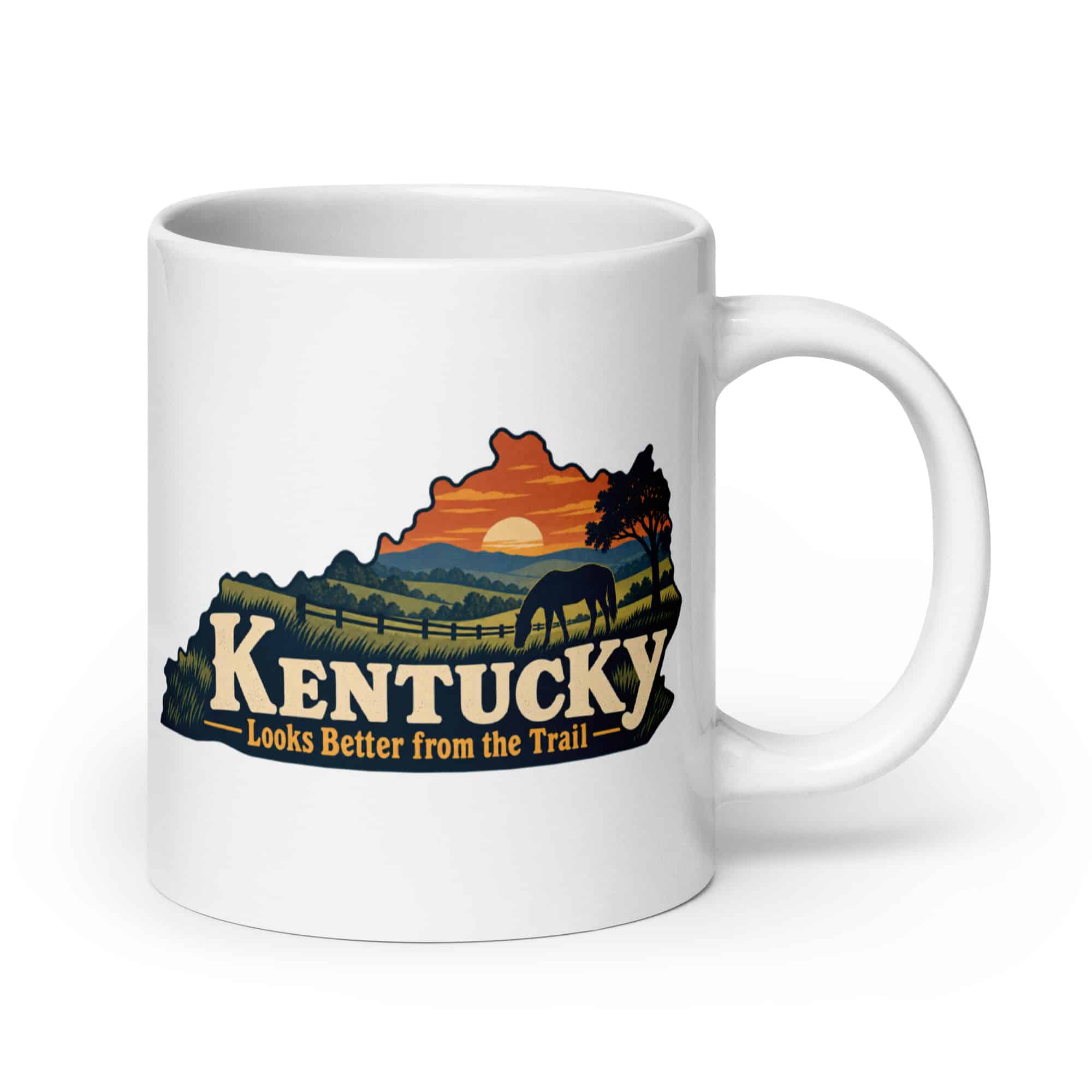 Kentucky White Ceramic Coffee Mug: Rolling pasture and horse silhouette, Colorful Kentucky Silhouette
