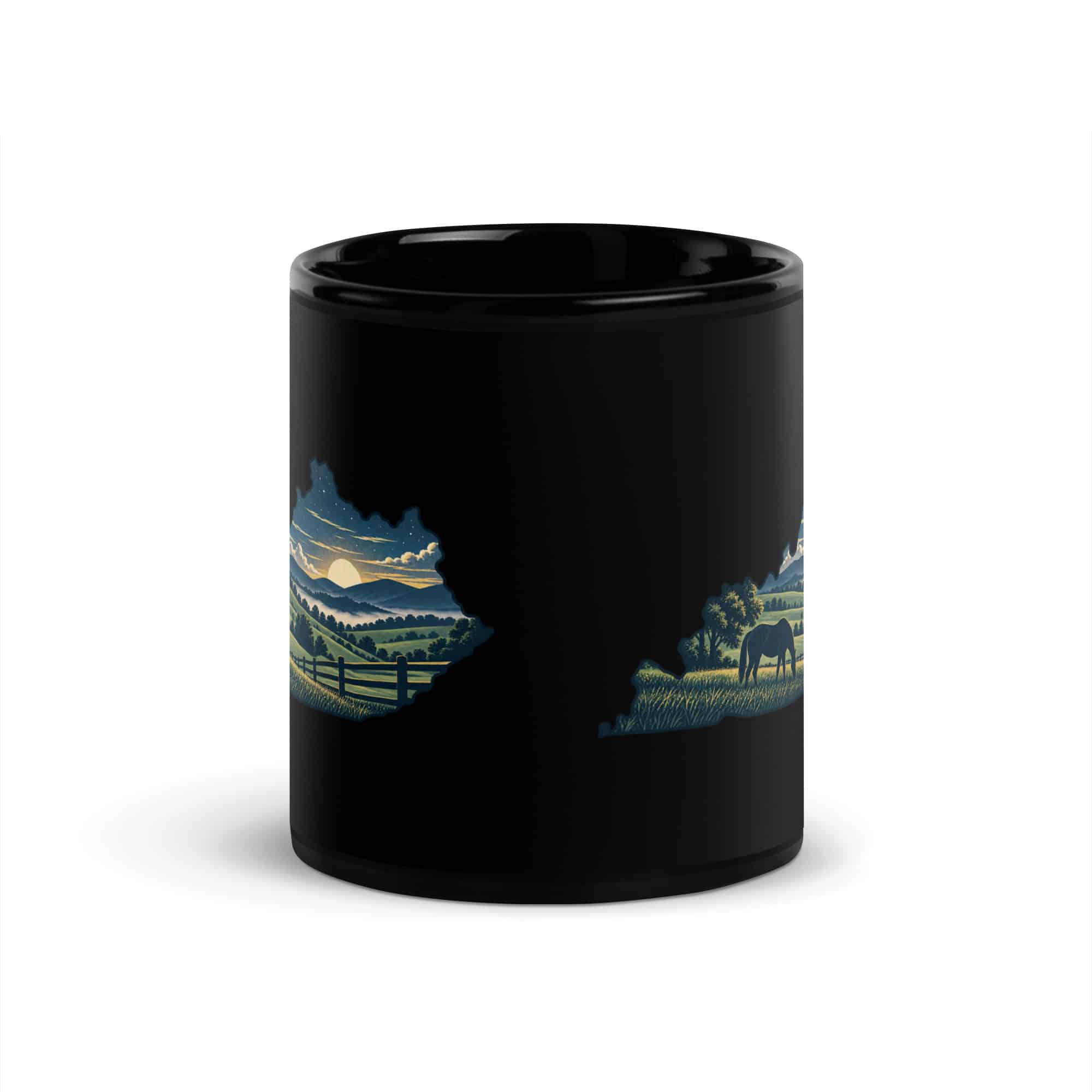Kentucky Black Coffee Mug: Rolling pasture and horse silhouette, Illustrated Kentucky Silhouette