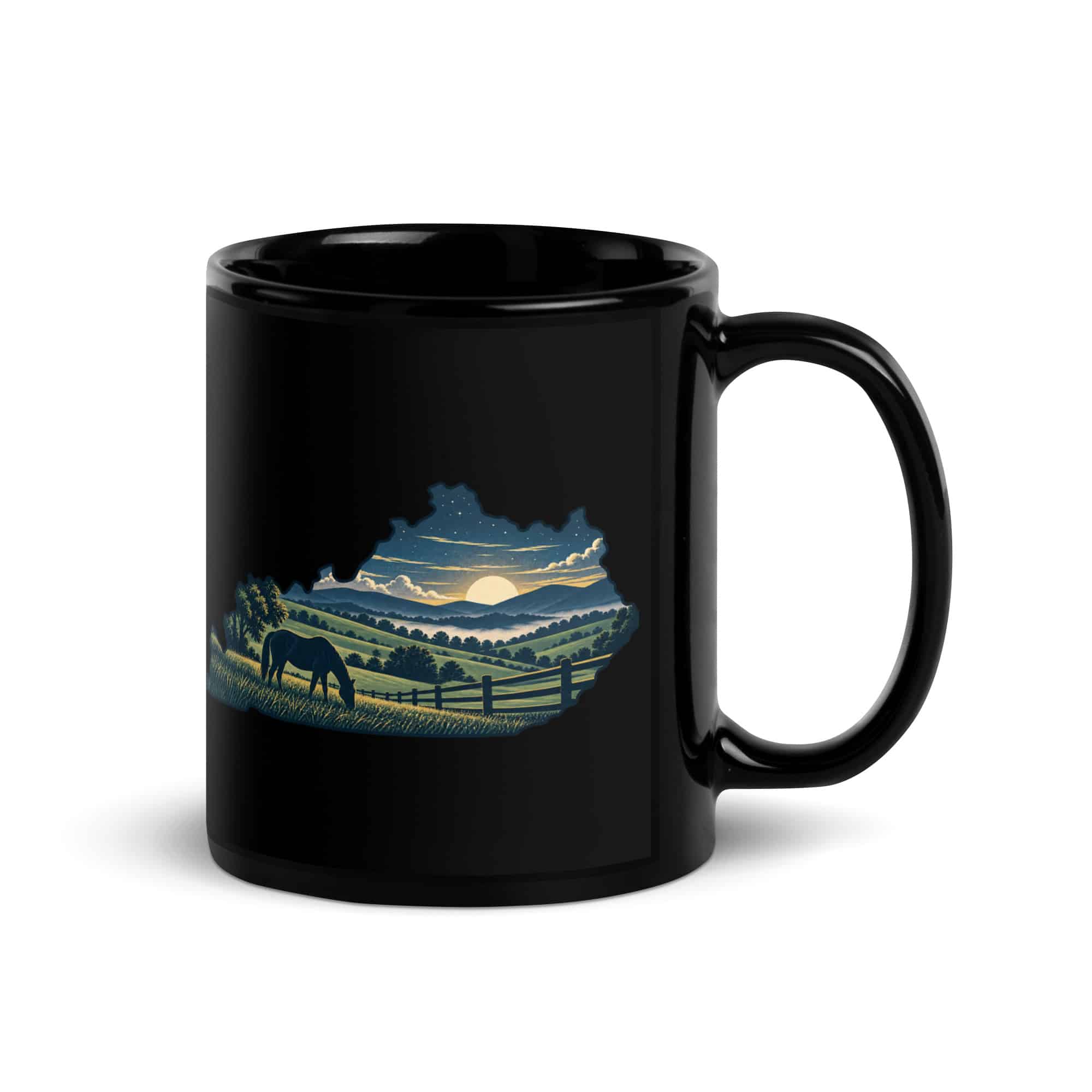 Kentucky Black Coffee Mug: Rolling pasture and horse silhouette, Illustrated Kentucky Silhouette
