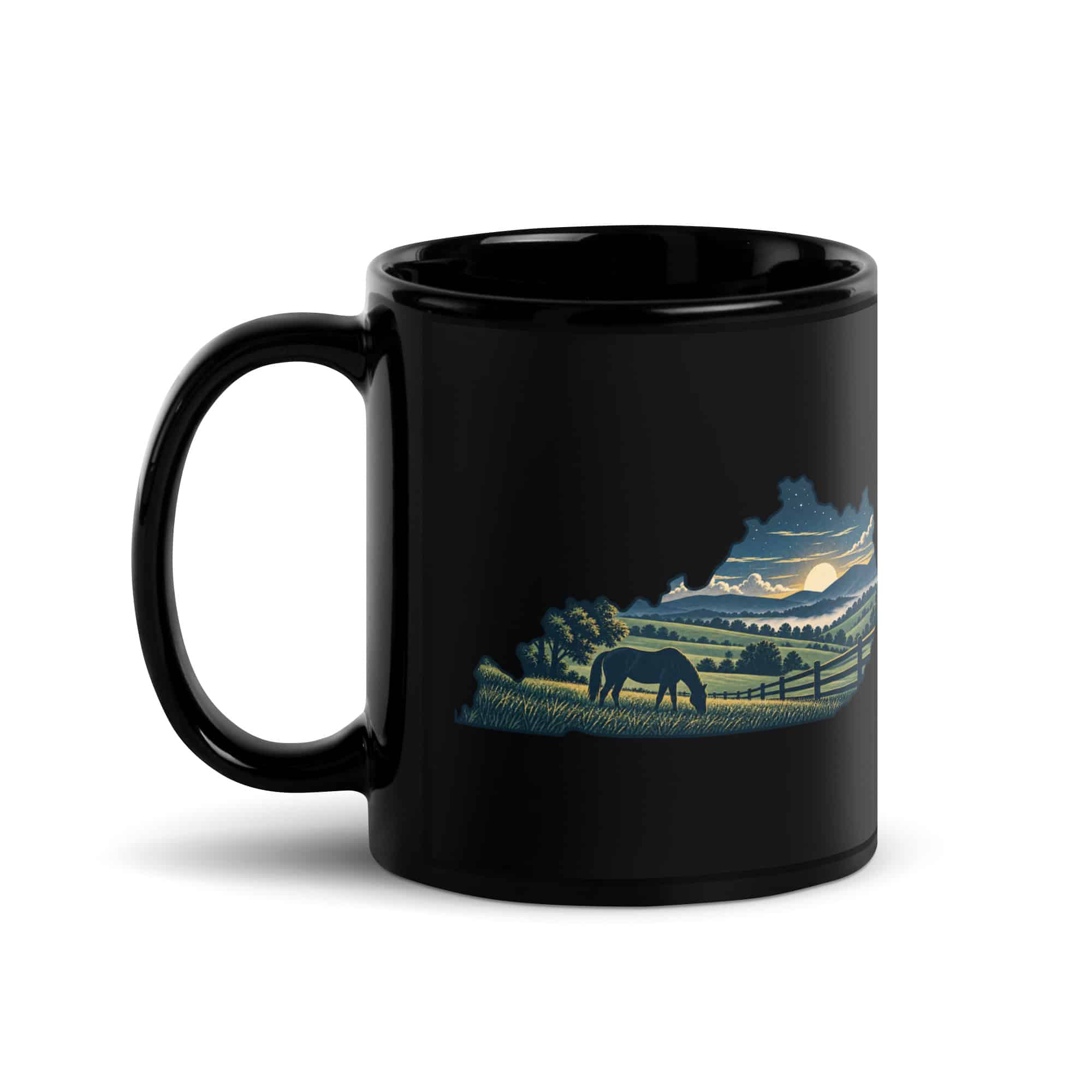 Kentucky Black Coffee Mug: Rolling pasture and horse silhouette, Illustrated Kentucky Silhouette