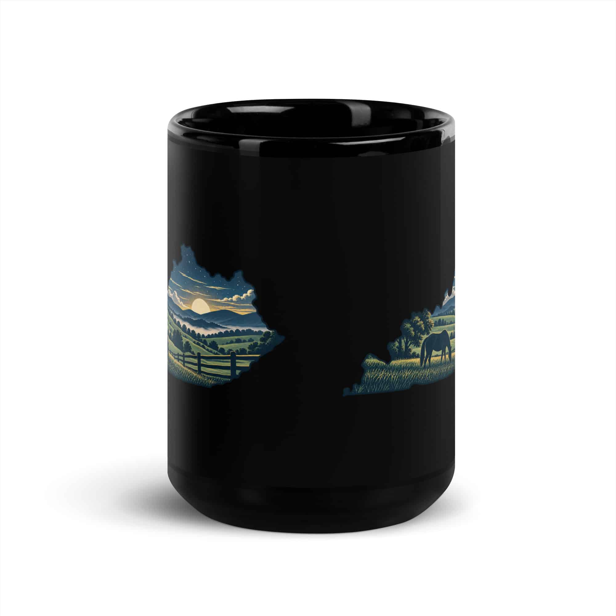 Kentucky Black Coffee Mug: Rolling pasture and horse silhouette, Illustrated Kentucky Silhouette