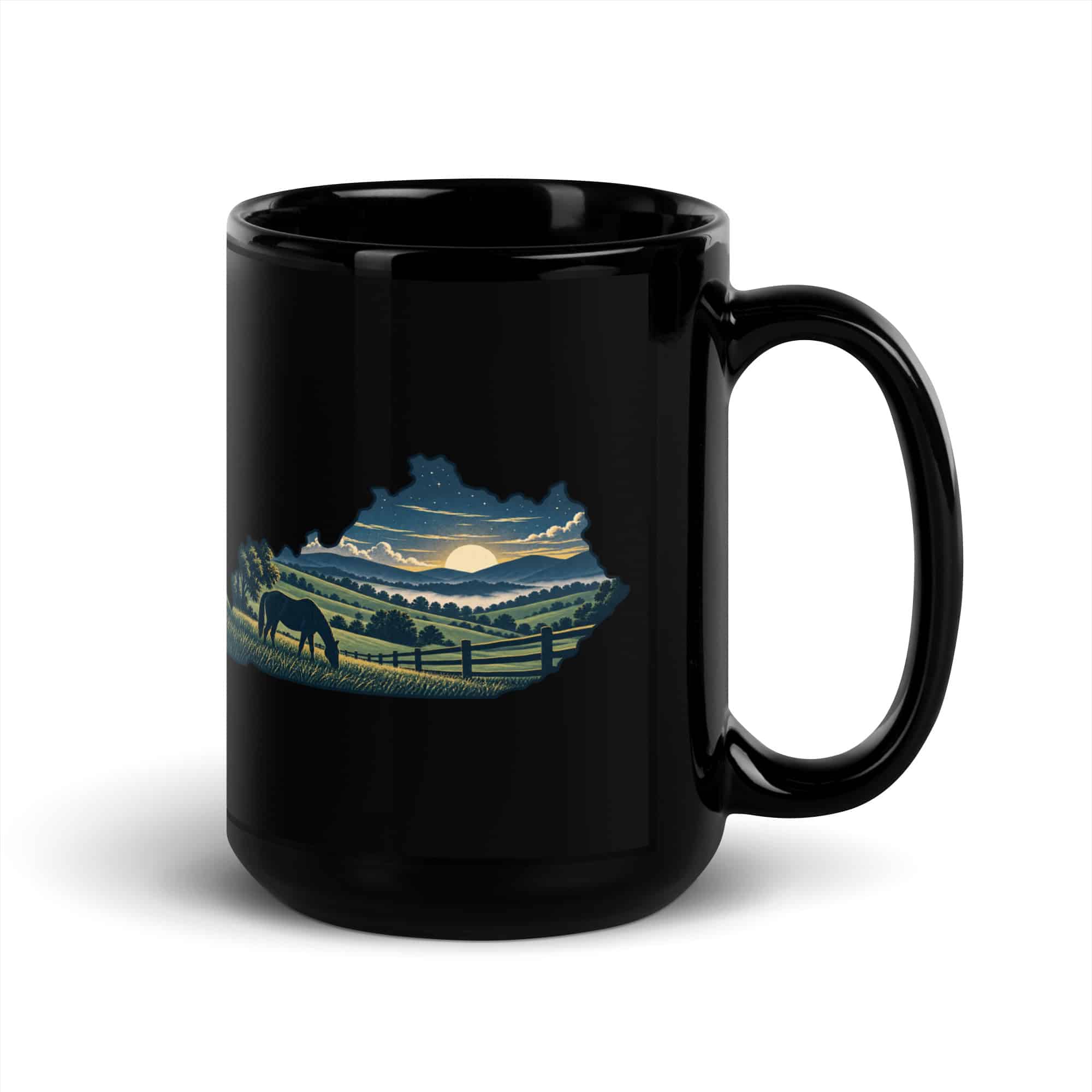 Kentucky Black Coffee Mug: Rolling pasture and horse silhouette, Illustrated Kentucky Silhouette