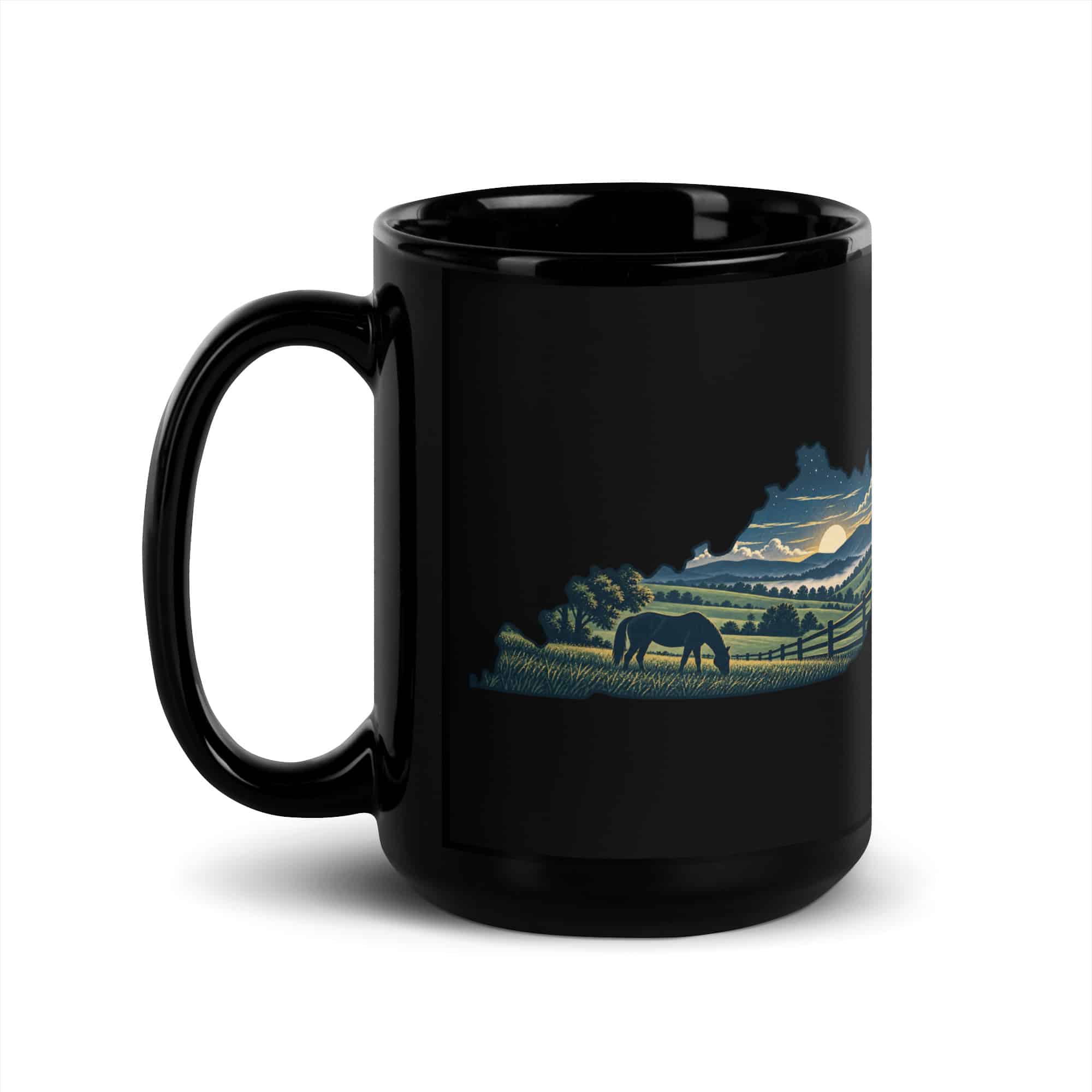 Kentucky Black Coffee Mug: Rolling pasture and horse silhouette, Illustrated Kentucky Silhouette