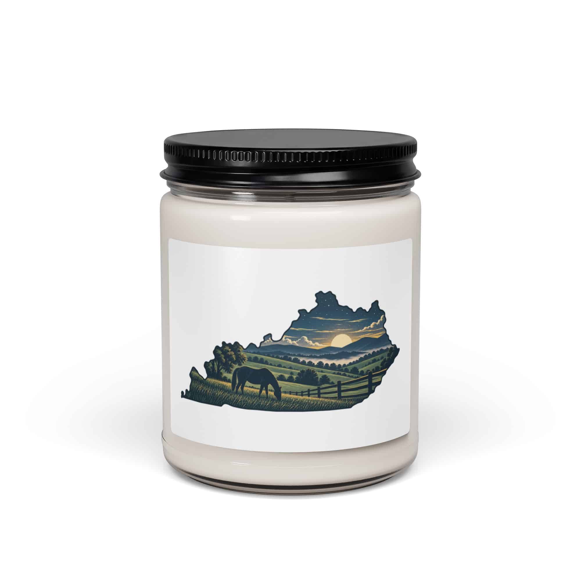 Kentucky Soy Wax Candle: Rolling pasture and horse silhouette, Illustrated Kentucky Silhouette