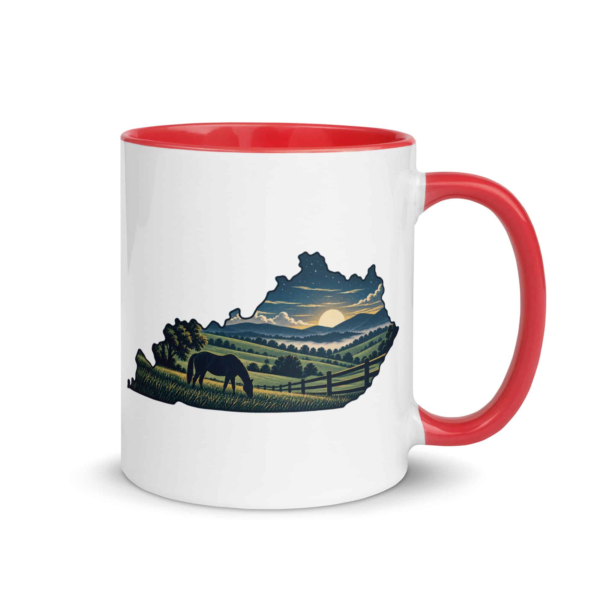 Kentucky Color Inside Coffee Mug: Rolling pasture and horse silhouette, Illustrated Kentucky Silhouette
