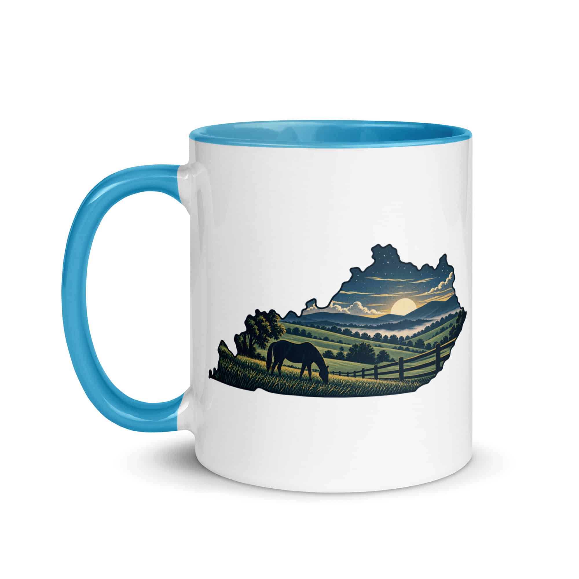 Kentucky Color Inside Coffee Mug: Rolling pasture and horse silhouette, Illustrated Kentucky Silhouette