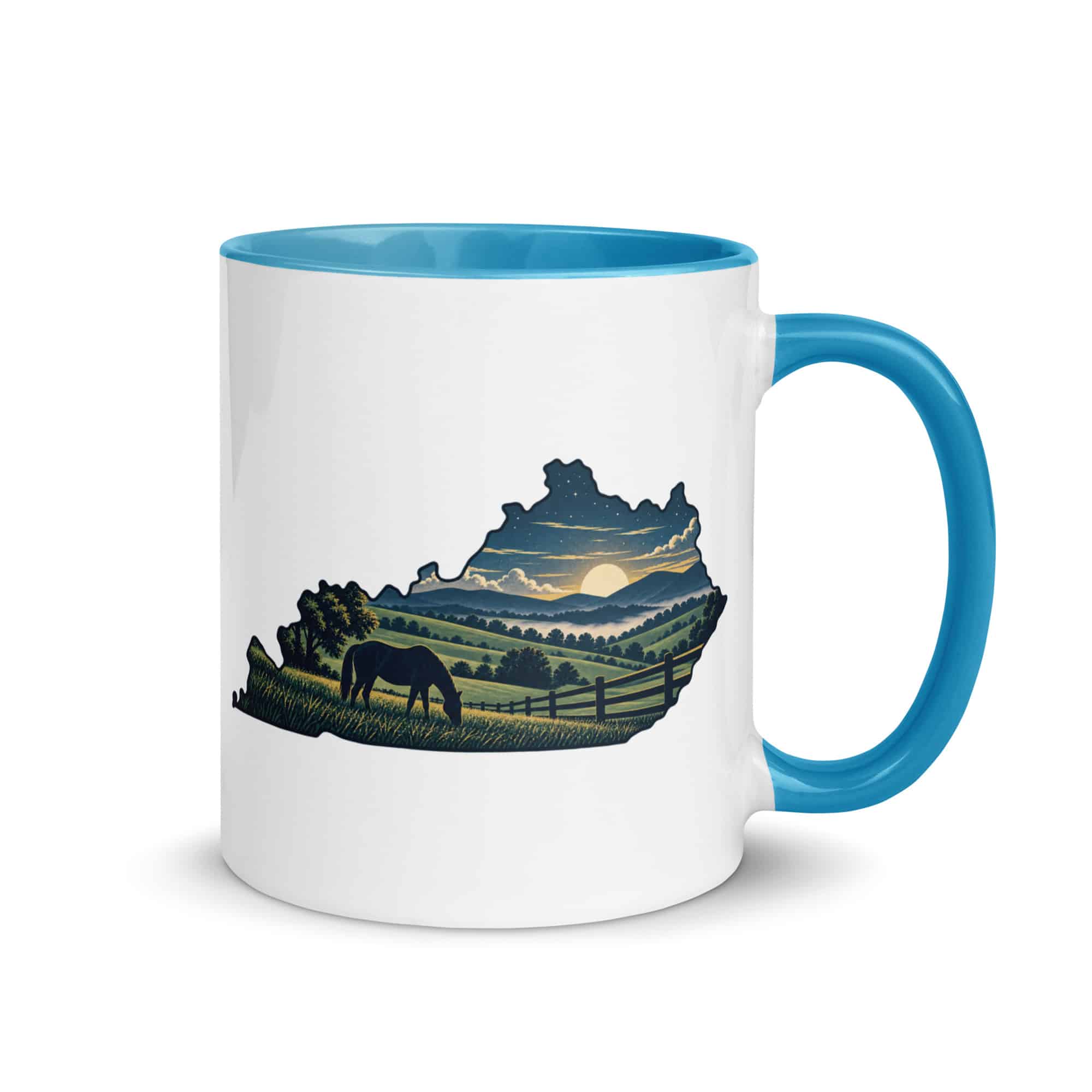 Kentucky Color Inside Coffee Mug: Rolling pasture and horse silhouette, Illustrated Kentucky Silhouette