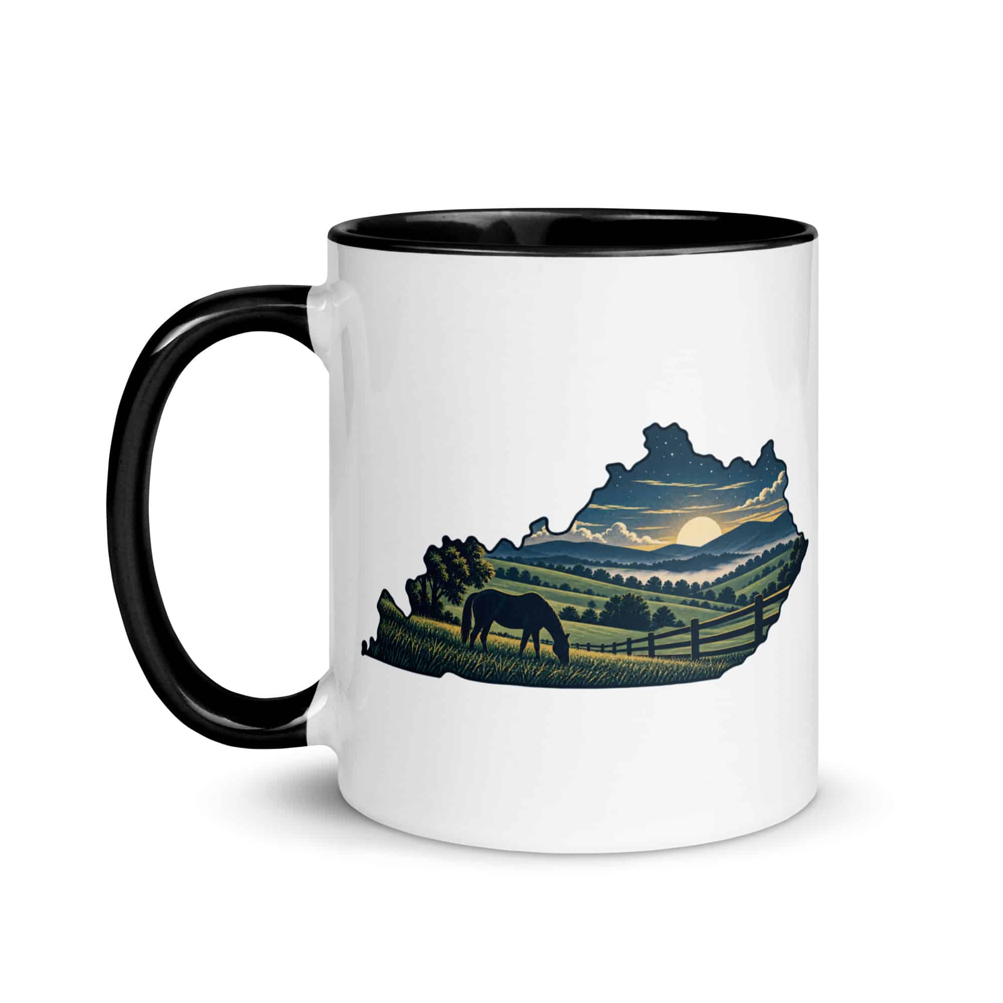 Kentucky Color Inside Coffee Mug: Rolling pasture and horse silhouette, Illustrated Kentucky Silhouette