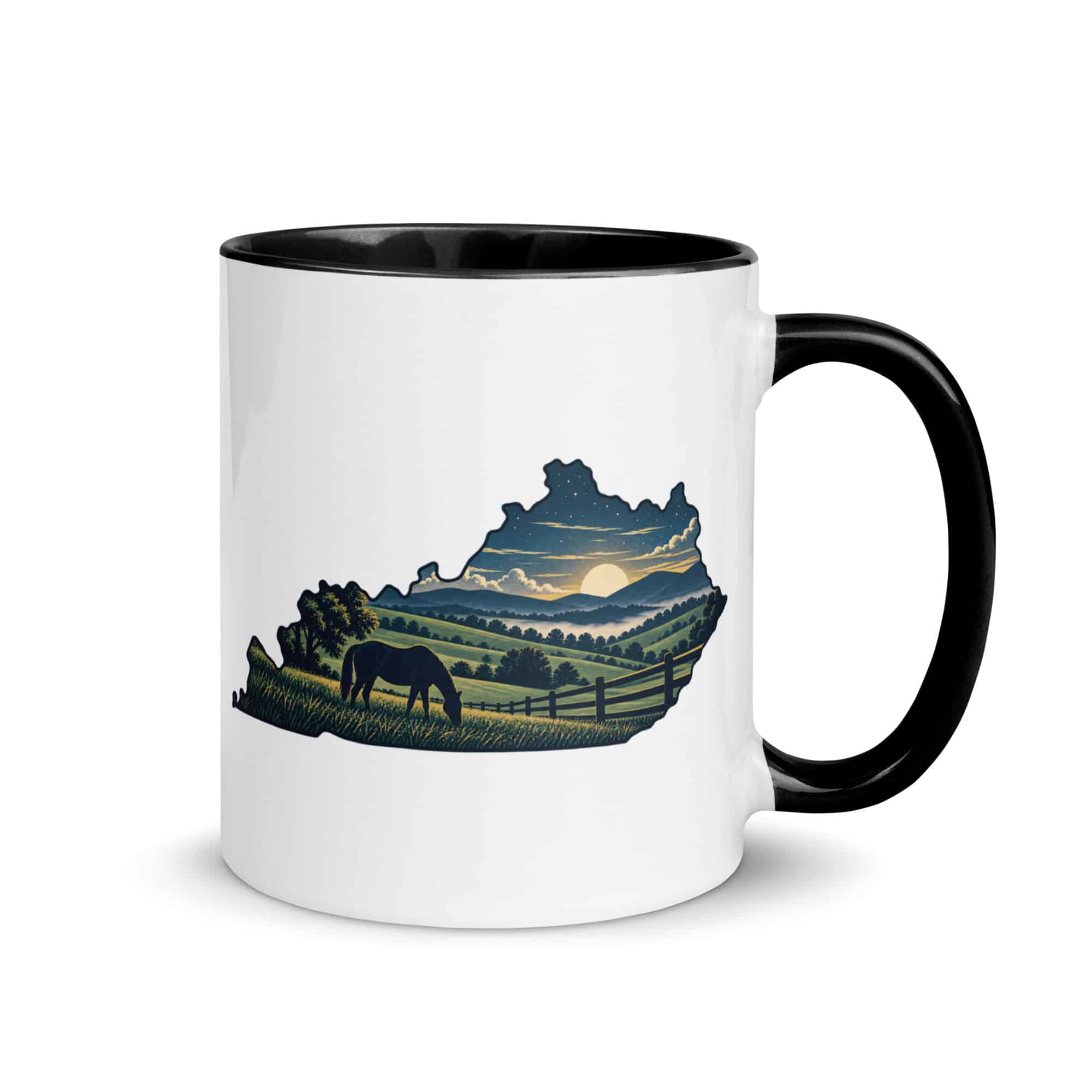 Kentucky Color Inside Coffee Mug: Rolling pasture and horse silhouette, Illustrated Kentucky Silhouette