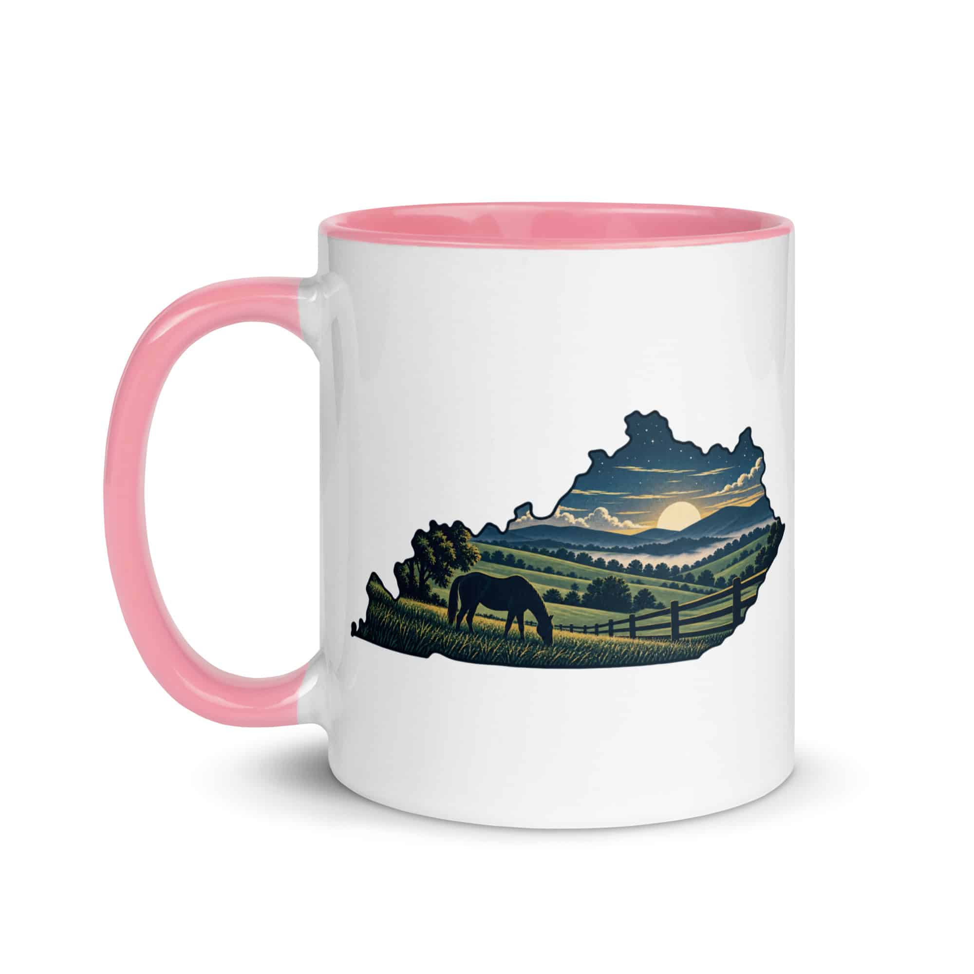 Kentucky Color Inside Coffee Mug: Rolling pasture and horse silhouette, Illustrated Kentucky Silhouette