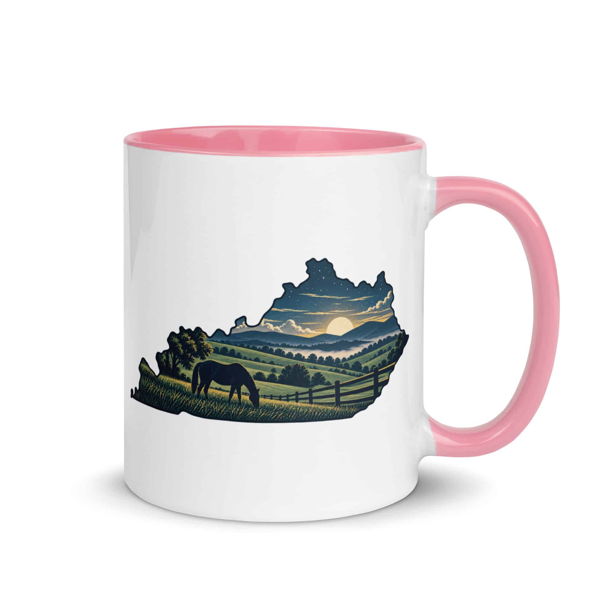 Kentucky Color Inside Coffee Mug: Rolling pasture and horse silhouette, Illustrated Kentucky Silhouette