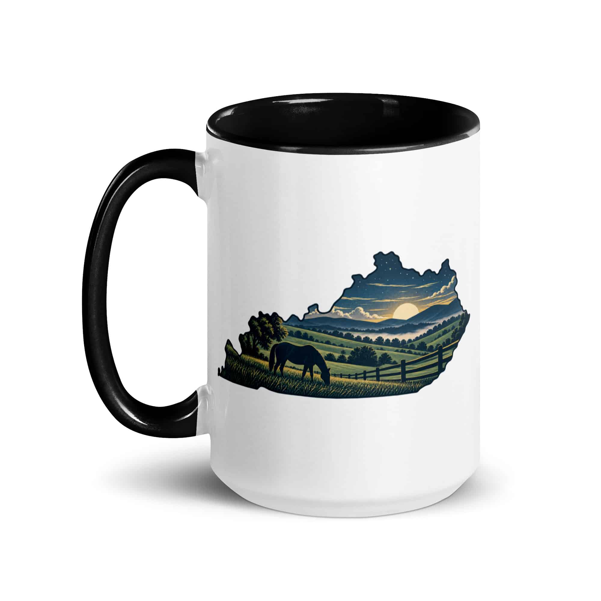Kentucky Color Inside Coffee Mug: Rolling pasture and horse silhouette, Illustrated Kentucky Silhouette