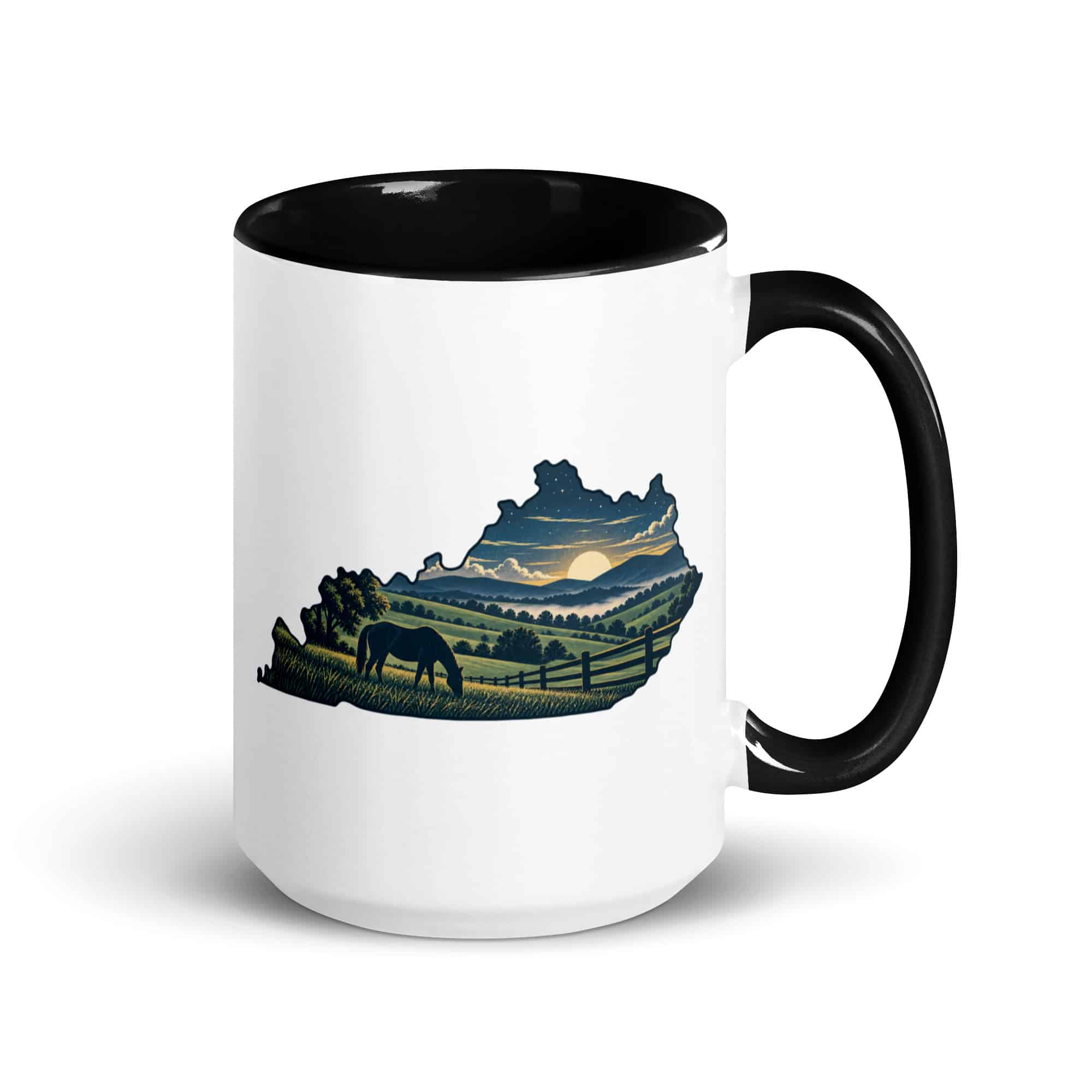 Kentucky Color Inside Coffee Mug: Rolling pasture and horse silhouette, Illustrated Kentucky Silhouette