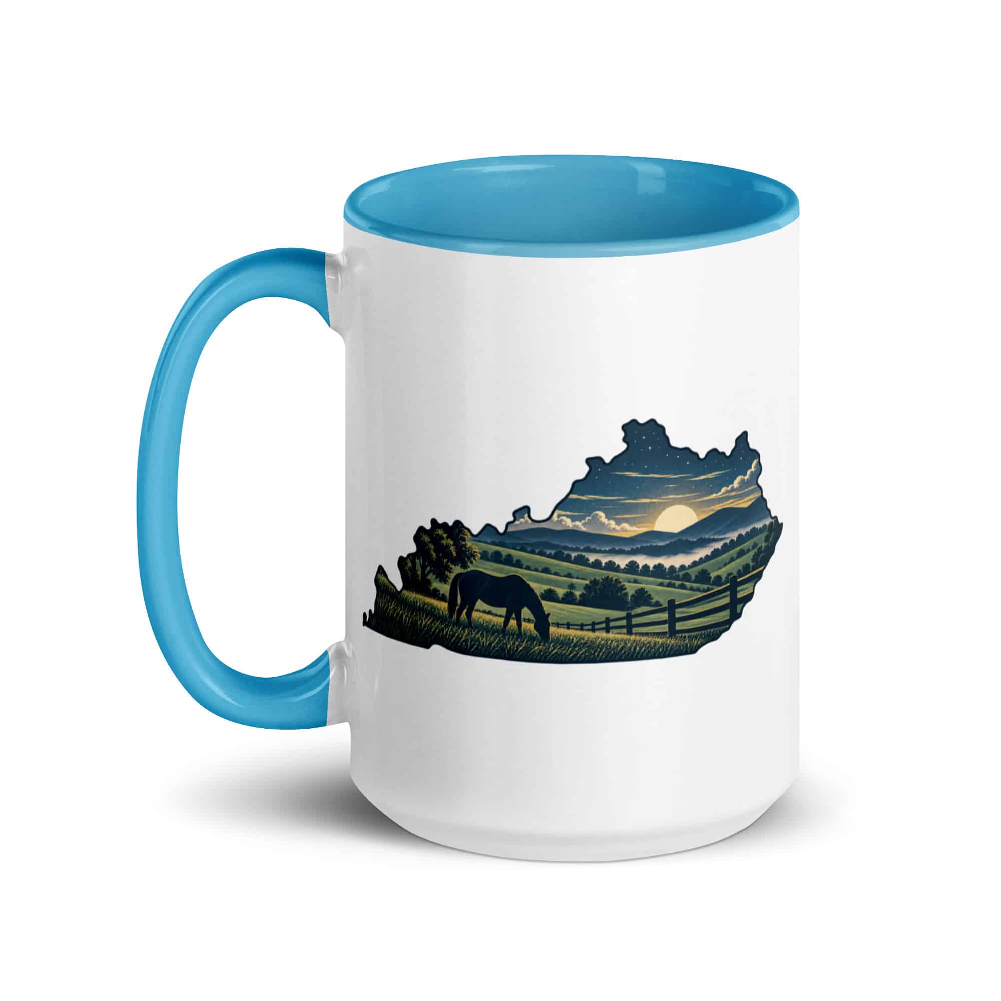 Kentucky Color Inside Coffee Mug: Rolling pasture and horse silhouette, Illustrated Kentucky Silhouette