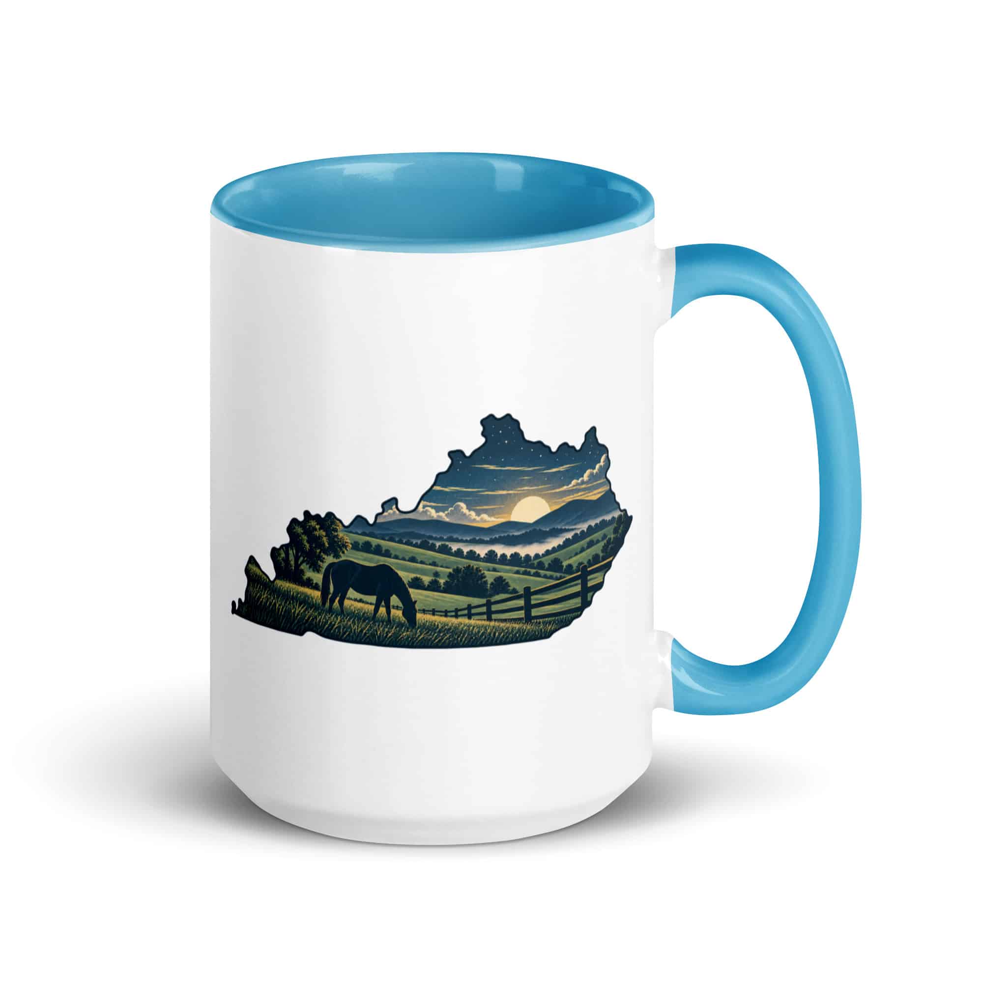 Kentucky Color Inside Coffee Mug: Rolling pasture and horse silhouette, Illustrated Kentucky Silhouette