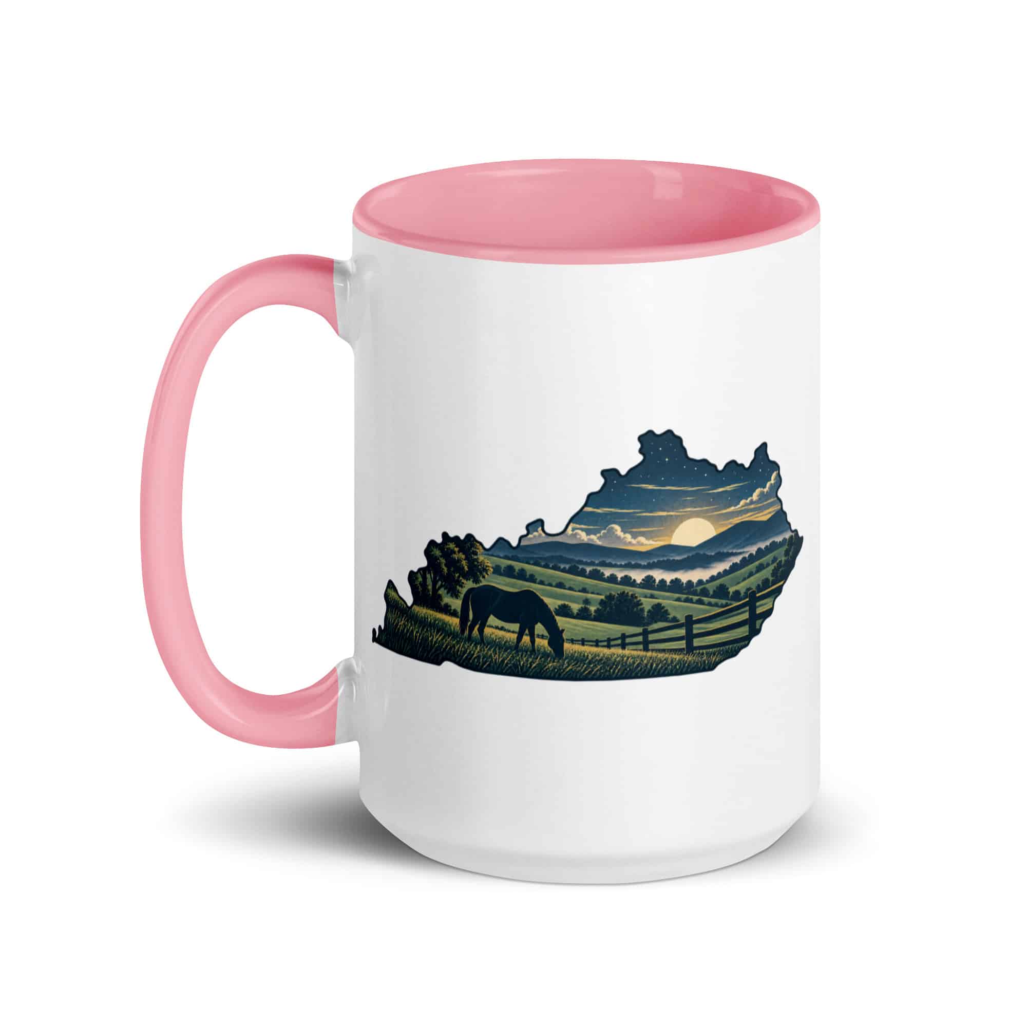 Kentucky Color Inside Coffee Mug: Rolling pasture and horse silhouette, Illustrated Kentucky Silhouette