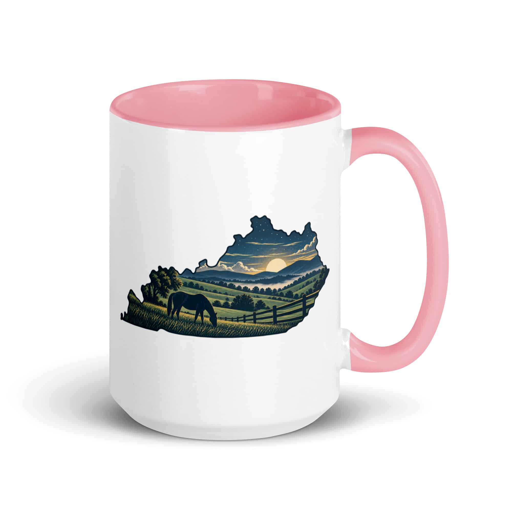 Kentucky Color Inside Coffee Mug: Rolling pasture and horse silhouette, Illustrated Kentucky Silhouette