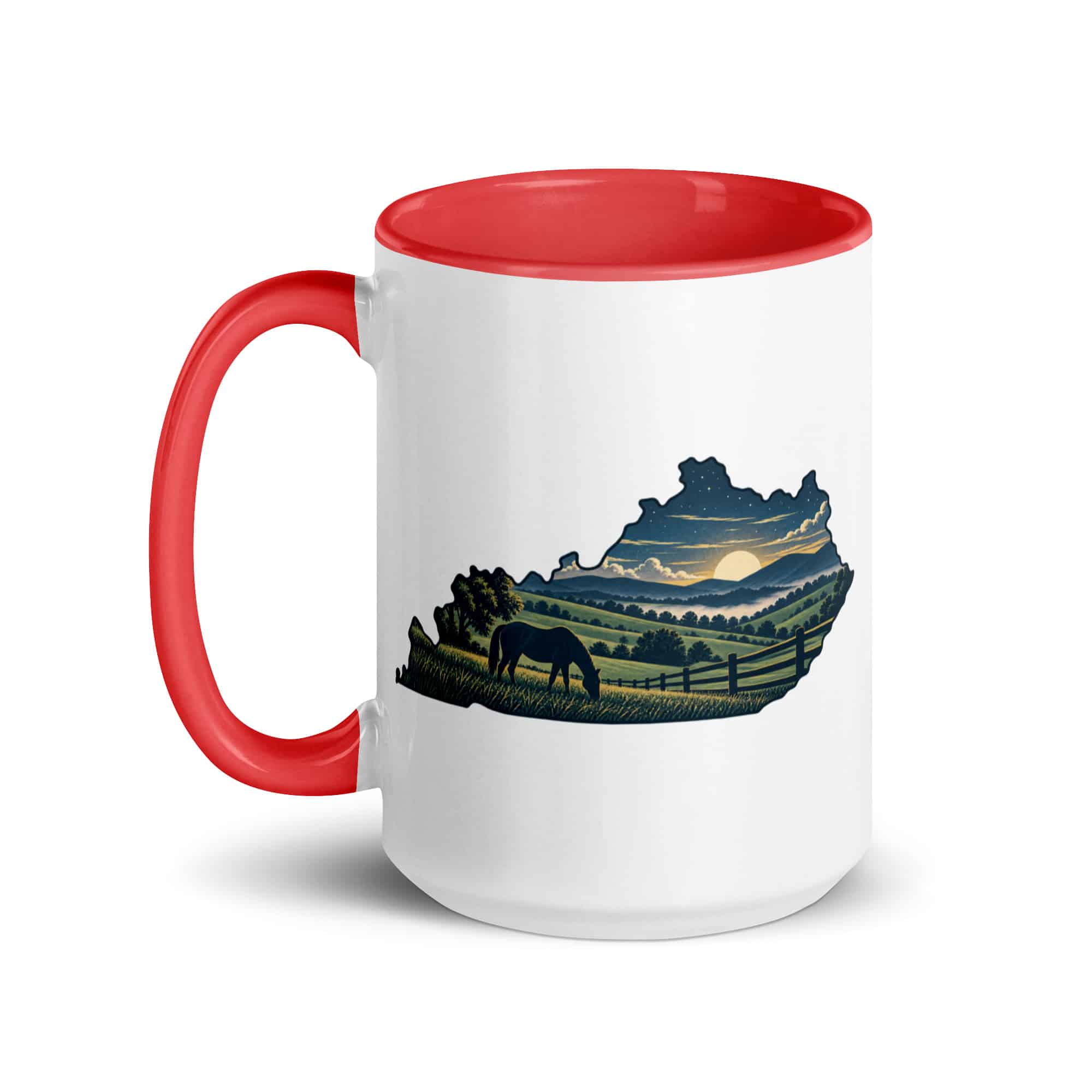 Kentucky Color Inside Coffee Mug: Rolling pasture and horse silhouette, Illustrated Kentucky Silhouette