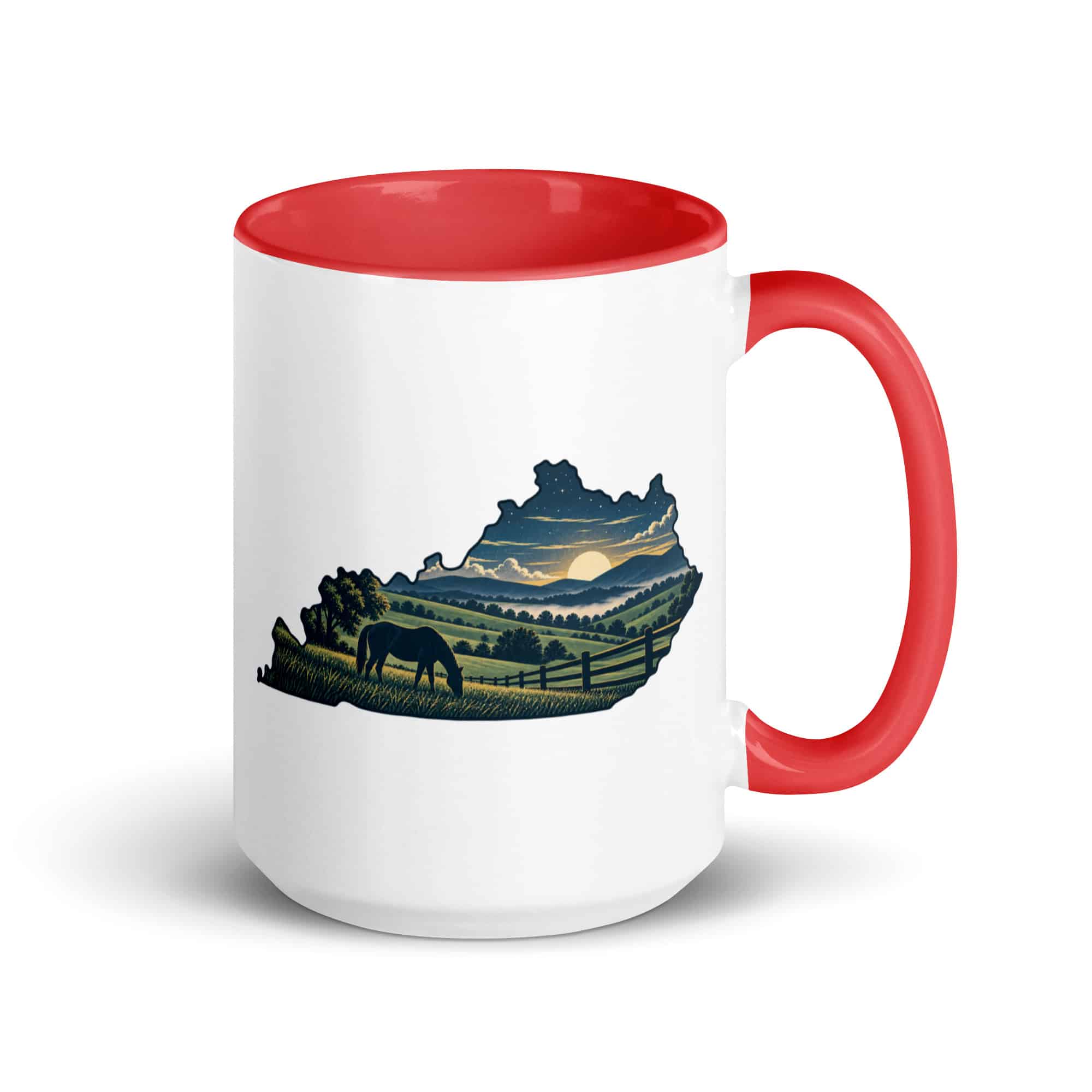 Kentucky Color Inside Coffee Mug: Rolling pasture and horse silhouette, Illustrated Kentucky Silhouette