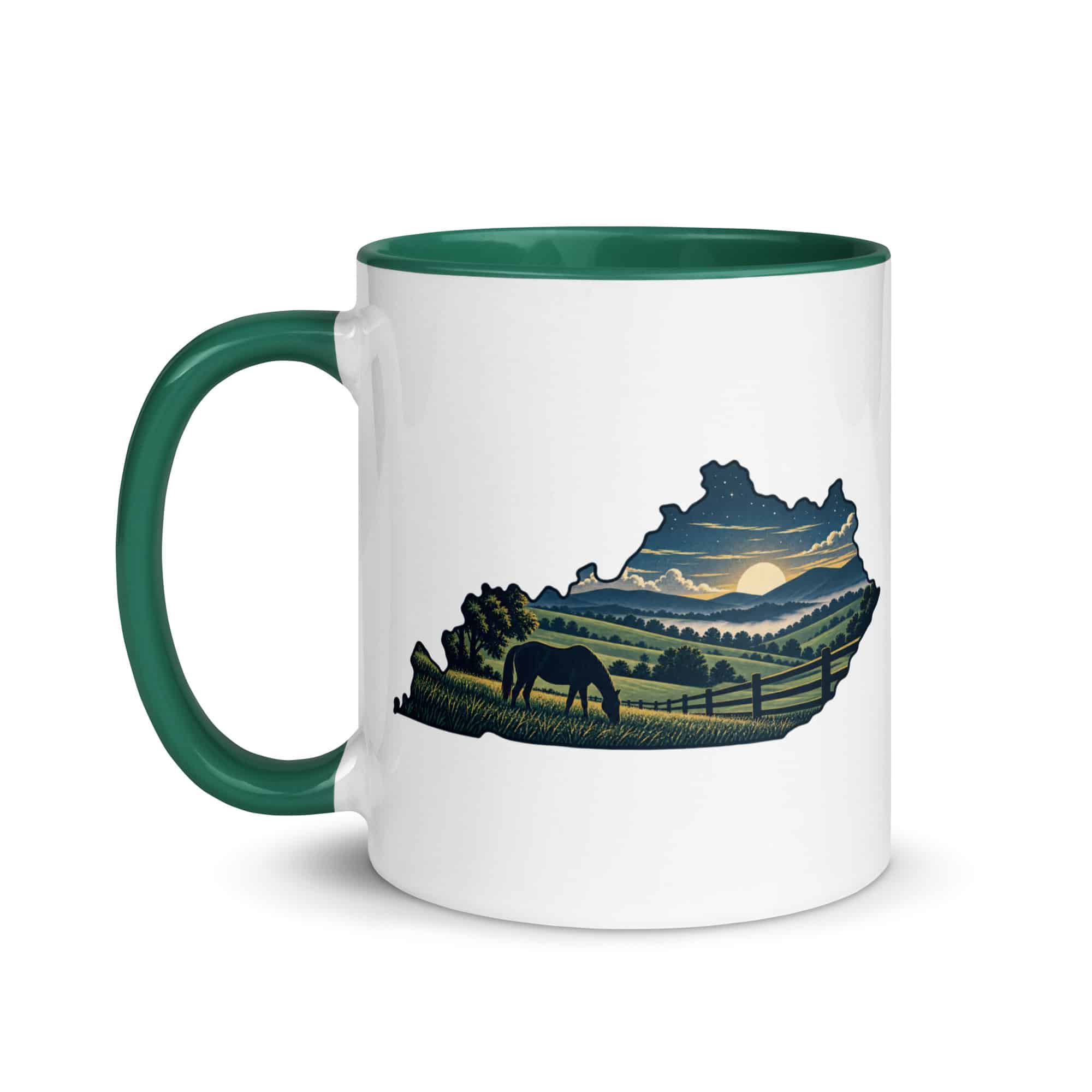 Kentucky Color Inside Coffee Mug: Rolling pasture and horse silhouette, Illustrated Kentucky Silhouette