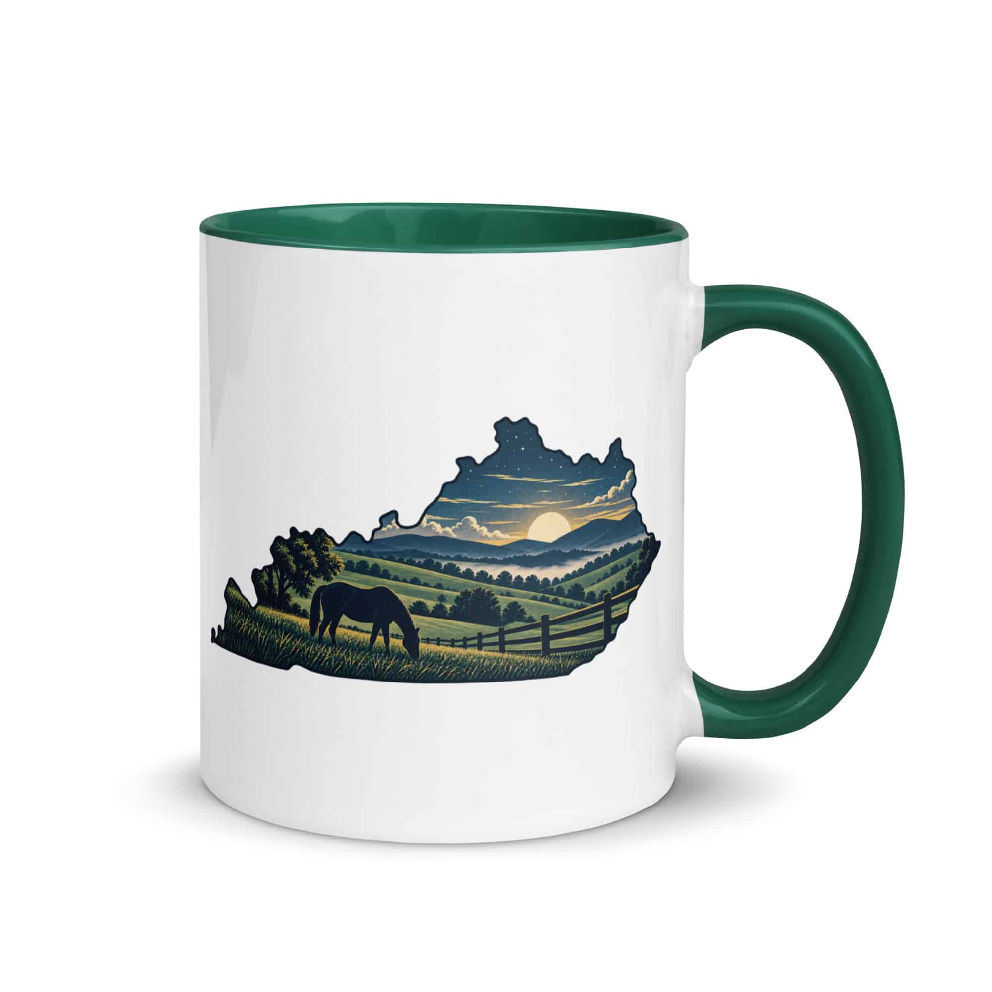 Kentucky Color Inside Coffee Mug: Rolling pasture and horse silhouette, Illustrated Kentucky Silhouette