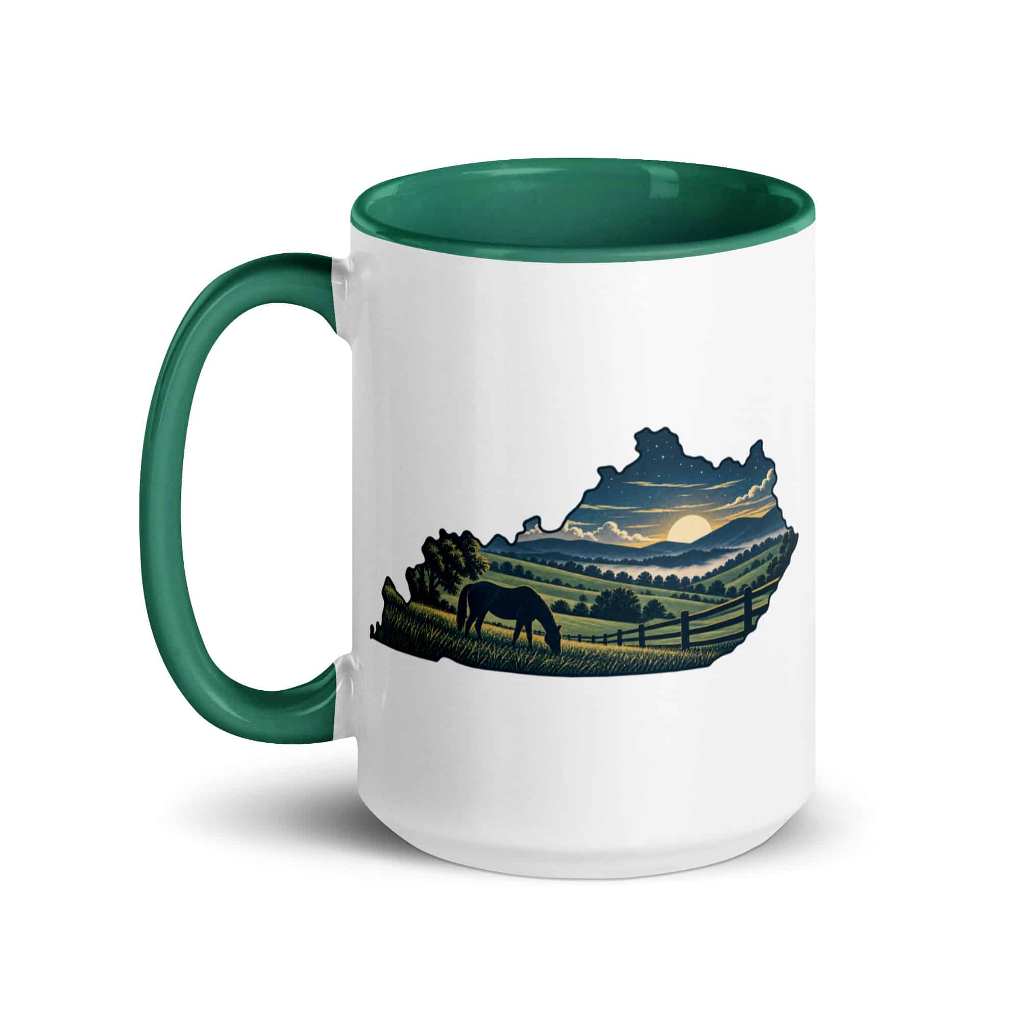Kentucky Color Inside Coffee Mug: Rolling pasture and horse silhouette, Illustrated Kentucky Silhouette