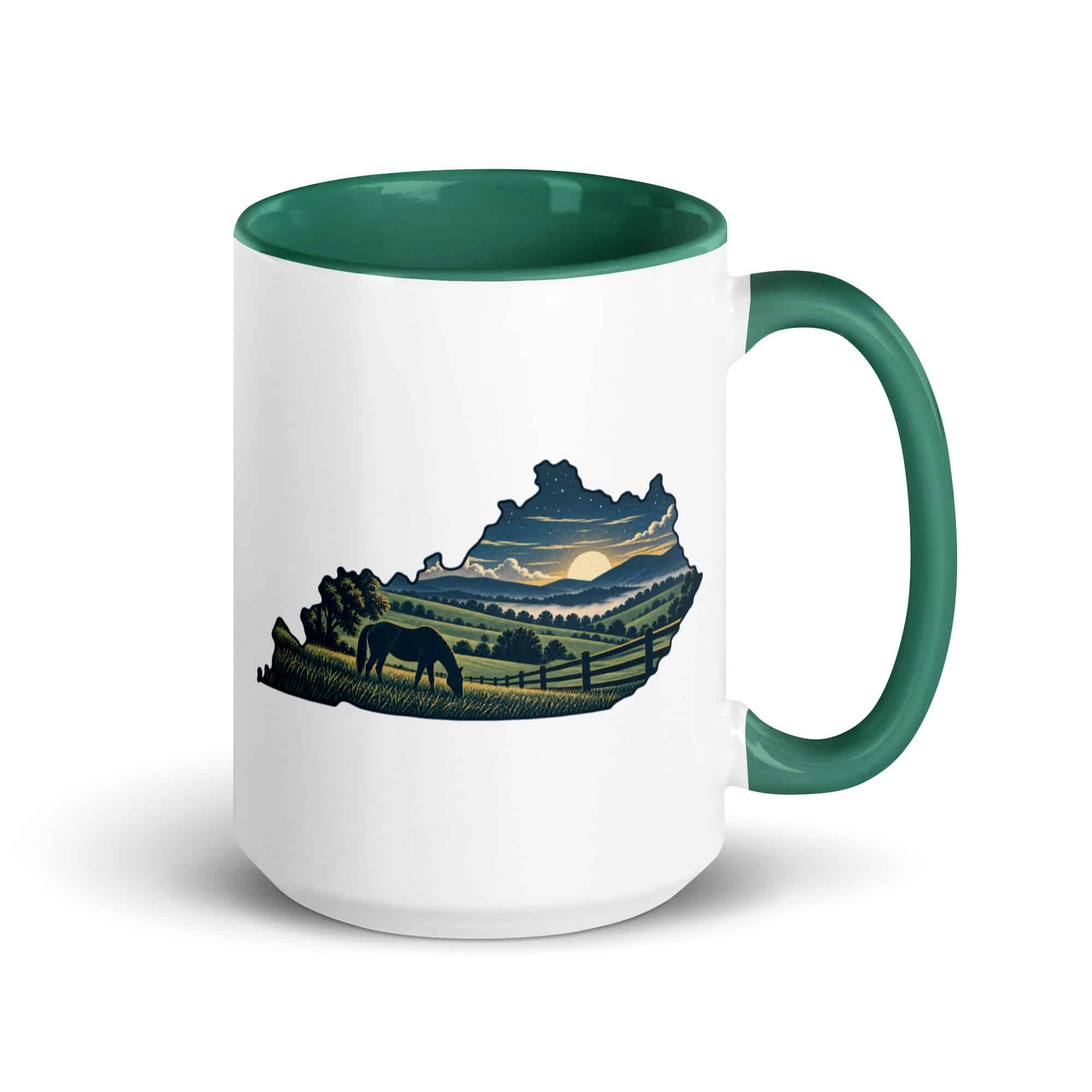 Kentucky Color Inside Coffee Mug: Rolling pasture and horse silhouette, Illustrated Kentucky Silhouette